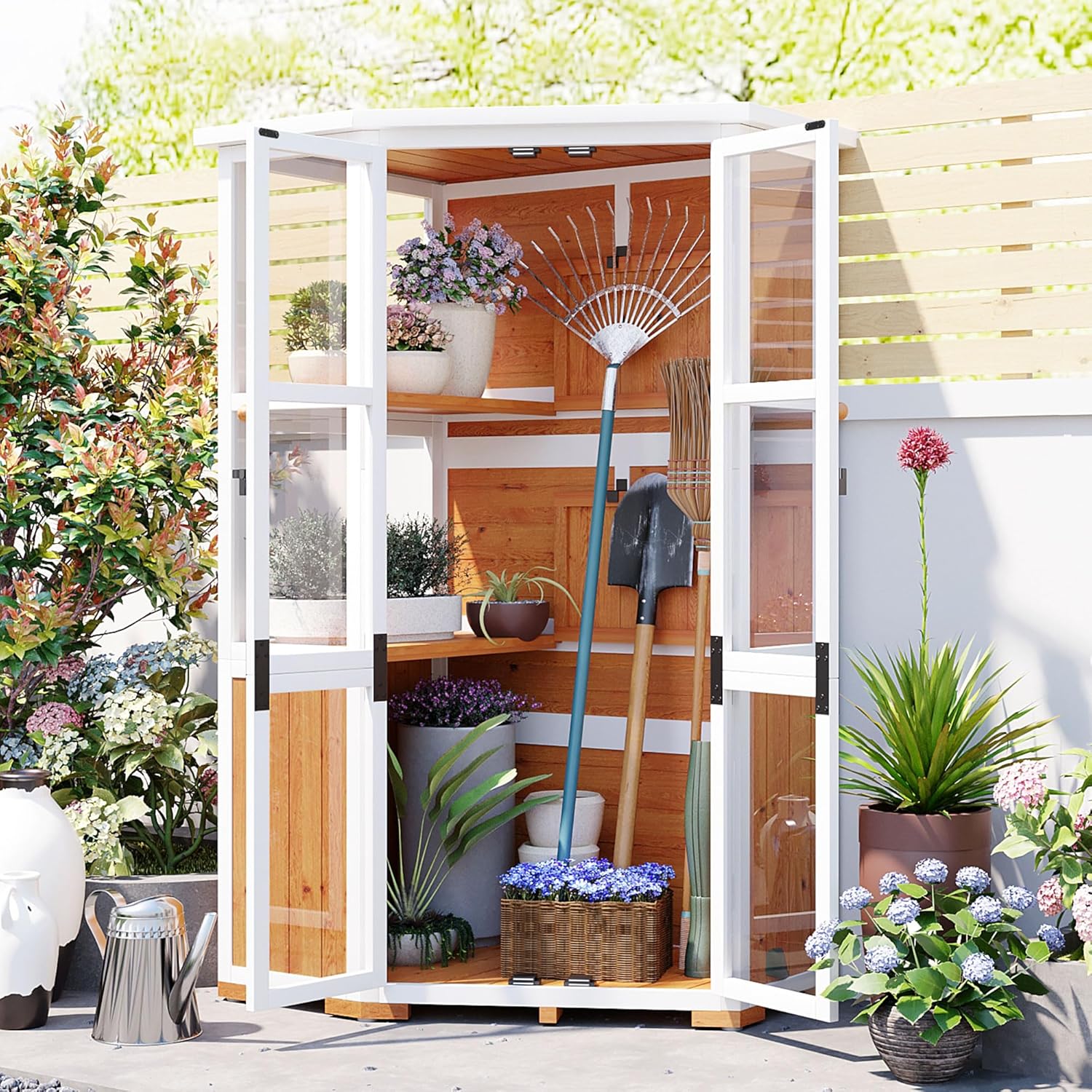 63'' Height Garden Wood Storage Cabinet Outdoor Tool Storage Shed with Waterproof- Roof and Lockable Door, Mini Greenhouse Cold Frame for Backyard, Lawn (Yellow)