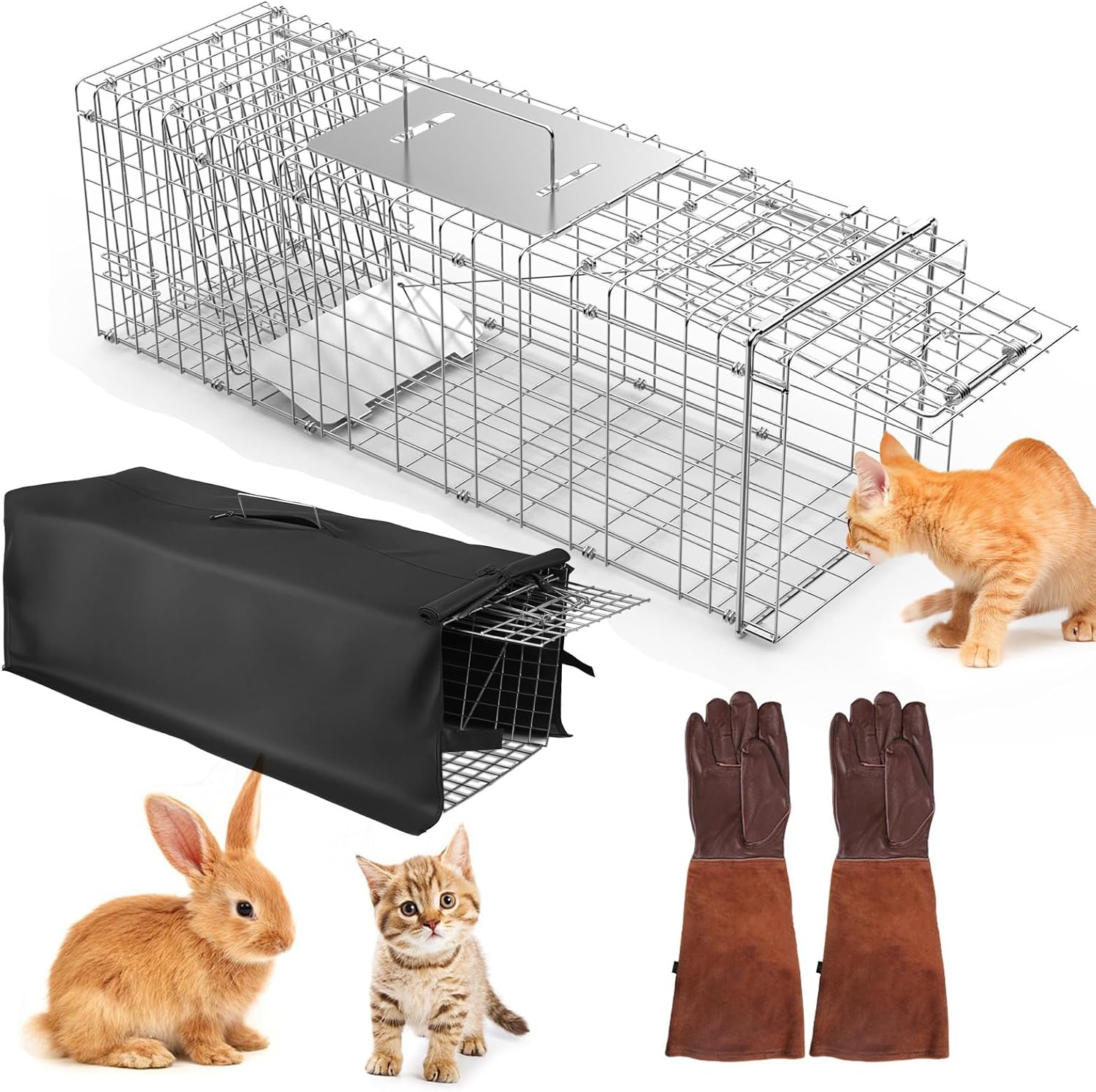 Humane Animal Trap with Waterproof Cover and Gloves-31x12x11inches Folding Live Animal Trap Cage Easy to Catch& Release for Rabbit Cats Squirrel Skunk Small Raccoons Groundhog