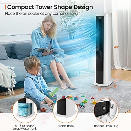 COSTWAY Portable Evaporative Air Cooler for Room, 40-Inch Bladeless Cooling Tower Cooler with Remote Control, 4 Ice Packs, 4 Speeds, 7H Timer, 60° Oscillation, Quiet Swamp Cooler Fan for Home Office