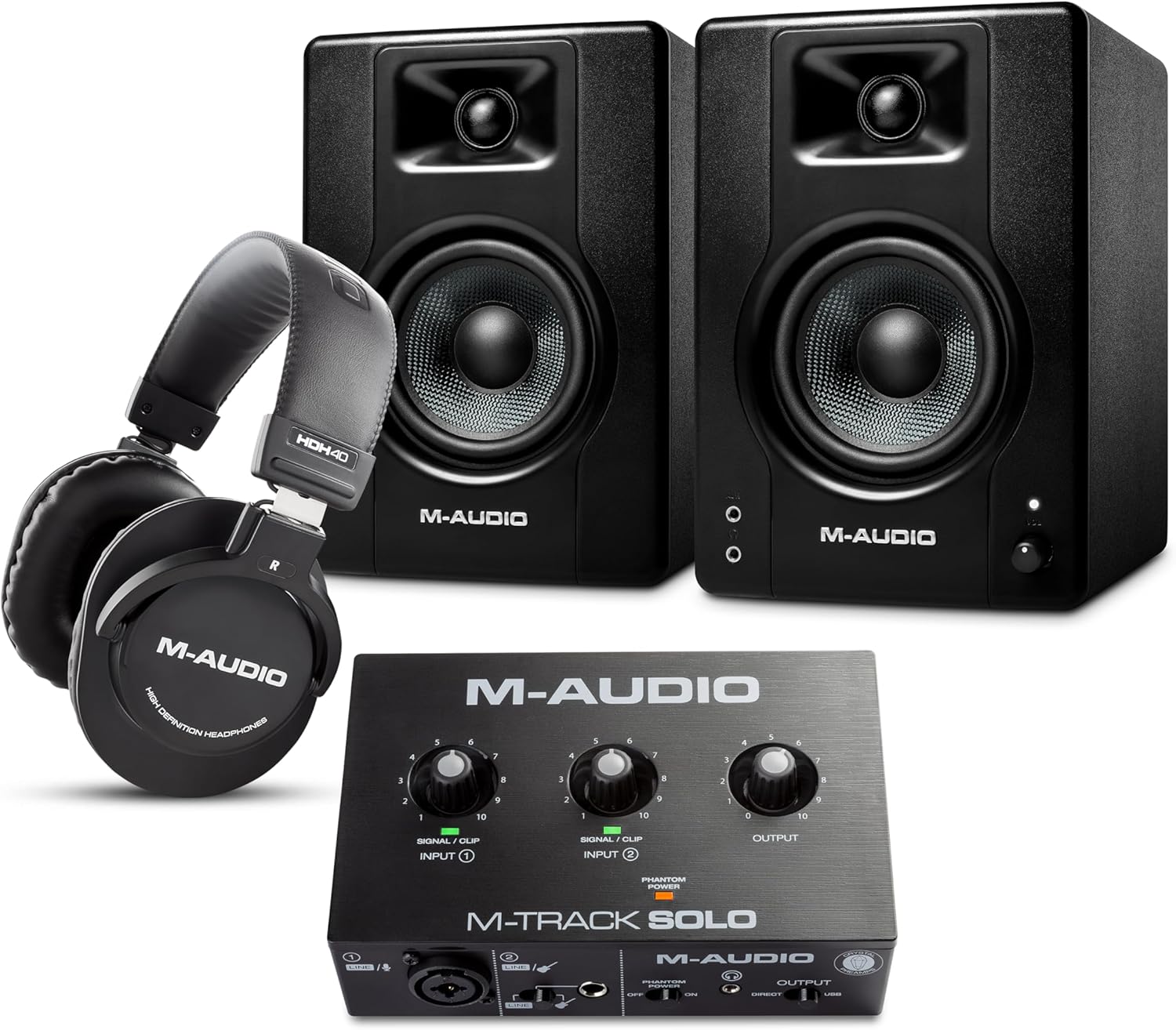 M-AUDIO BX4 Pair Studio Monitors Bundle with Single XLR Audio Interface and Headphones for Studio Recording, Music Production, Podcasting, Streaming