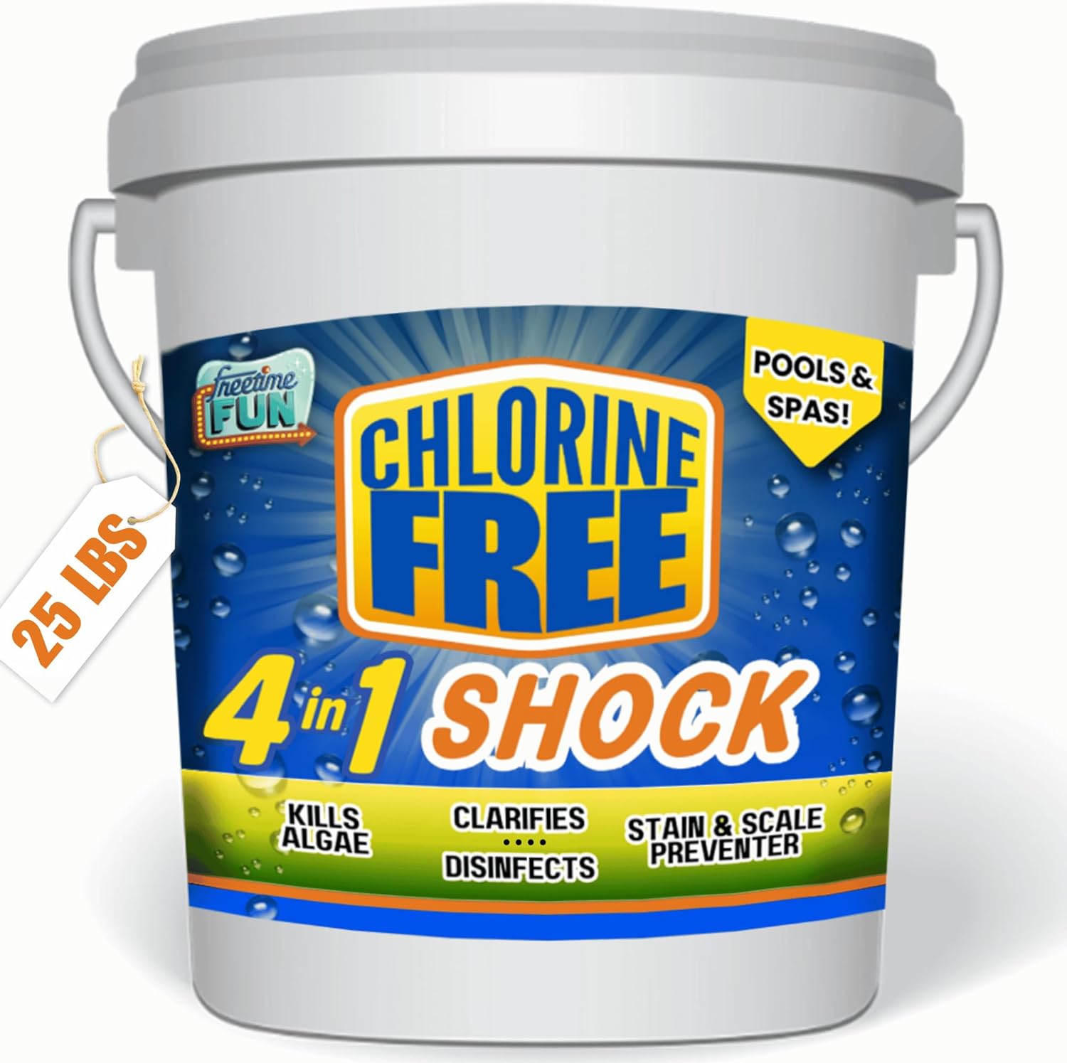 Non-Chlorine 4 in 1 Shock, for Pools and Spas. Fast Acting, Quick Dissolving, Shock, Sanitizes, Clarifies, Eliminates Algae & Prevents Stains. Reduces Harsh Chlorine Usage (25 lb)