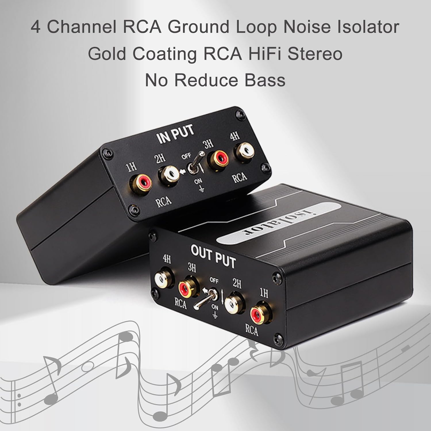 4 Channels RCA Ground Loop Noise Isolator(No Reduce Bass)Gold Coating Audio Hum Eliminator Speaker Noise Filter Aluminum Shell for HIFI Stereo Car Audio Player Home Theater Plug&Play (Black)