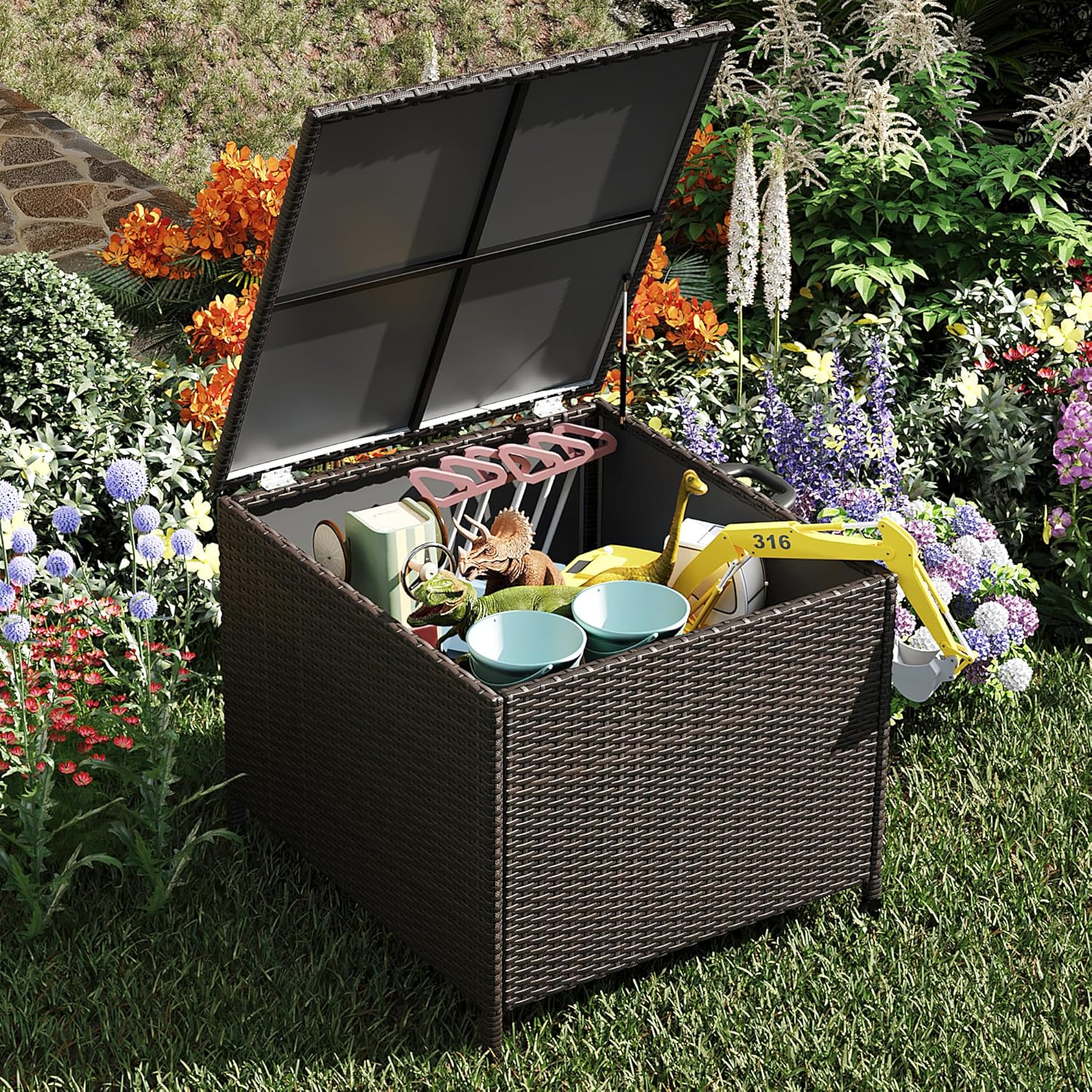 OUTLANE Small Outdoor Storage Box 80 Gal, All Weather Mobile PE Rattan Deck Box with 2 Wheels, Handle & Flip Top Lid, UV Resistant Wicker Patio Storage Container for Cushions/Gardern Tools/Toys
