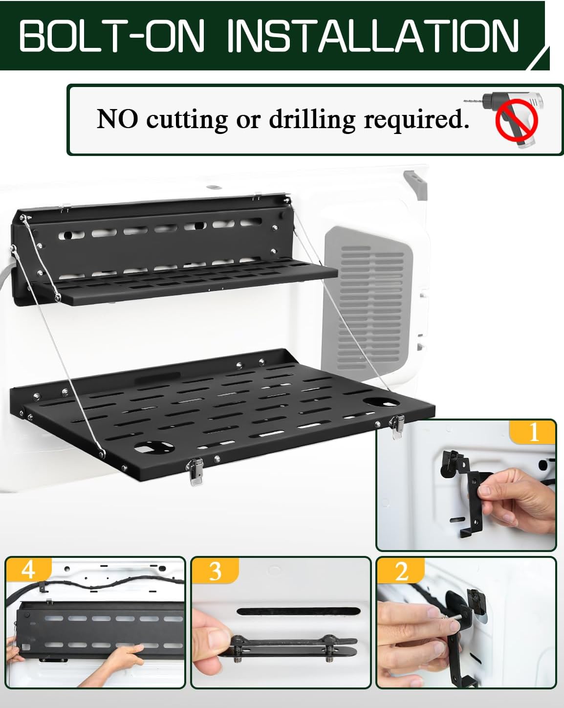 JROAD Bronco Double Layer Tailgate Table for 2021 2022 Ford Bronco 2/4 Door Rear Foldable Cargo Shelf Storage Shelf MOLLE Panel Bronco Accessories