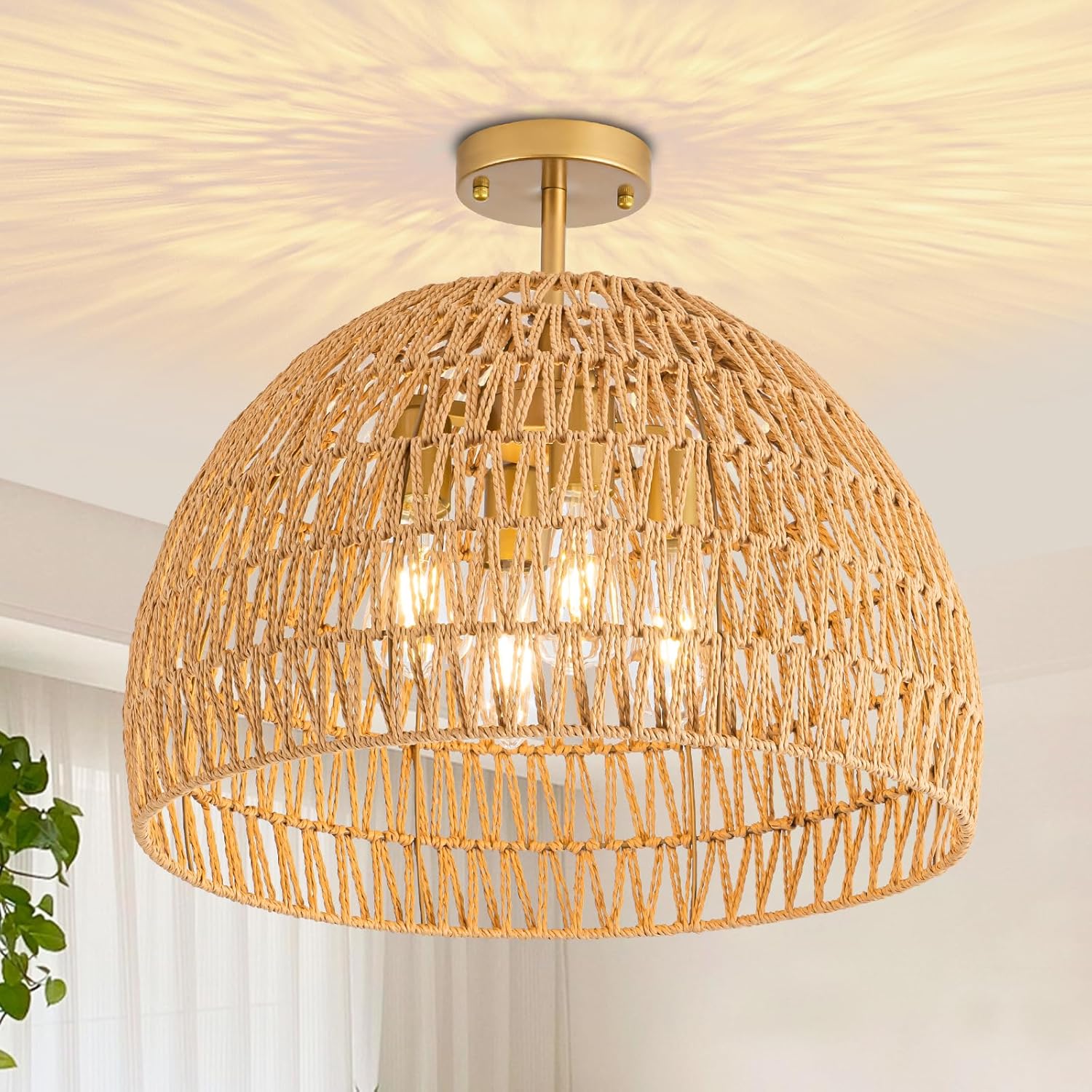Rattan Ceiling Light Fixture, 4-Light Boho Semi Flush Mount Ceiling Light, 20