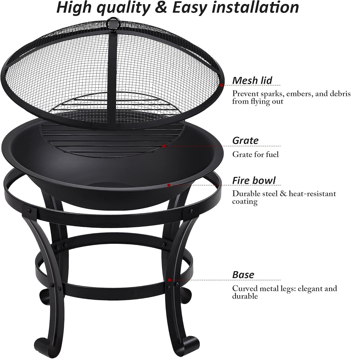 Outdoor Fire Pit,Metal Wood Burning Fire Bowl with Poker/Charcoal Grid/Mesh Cover,Garden Patio Heater Grill Camping Bonfire Dia: 56cm