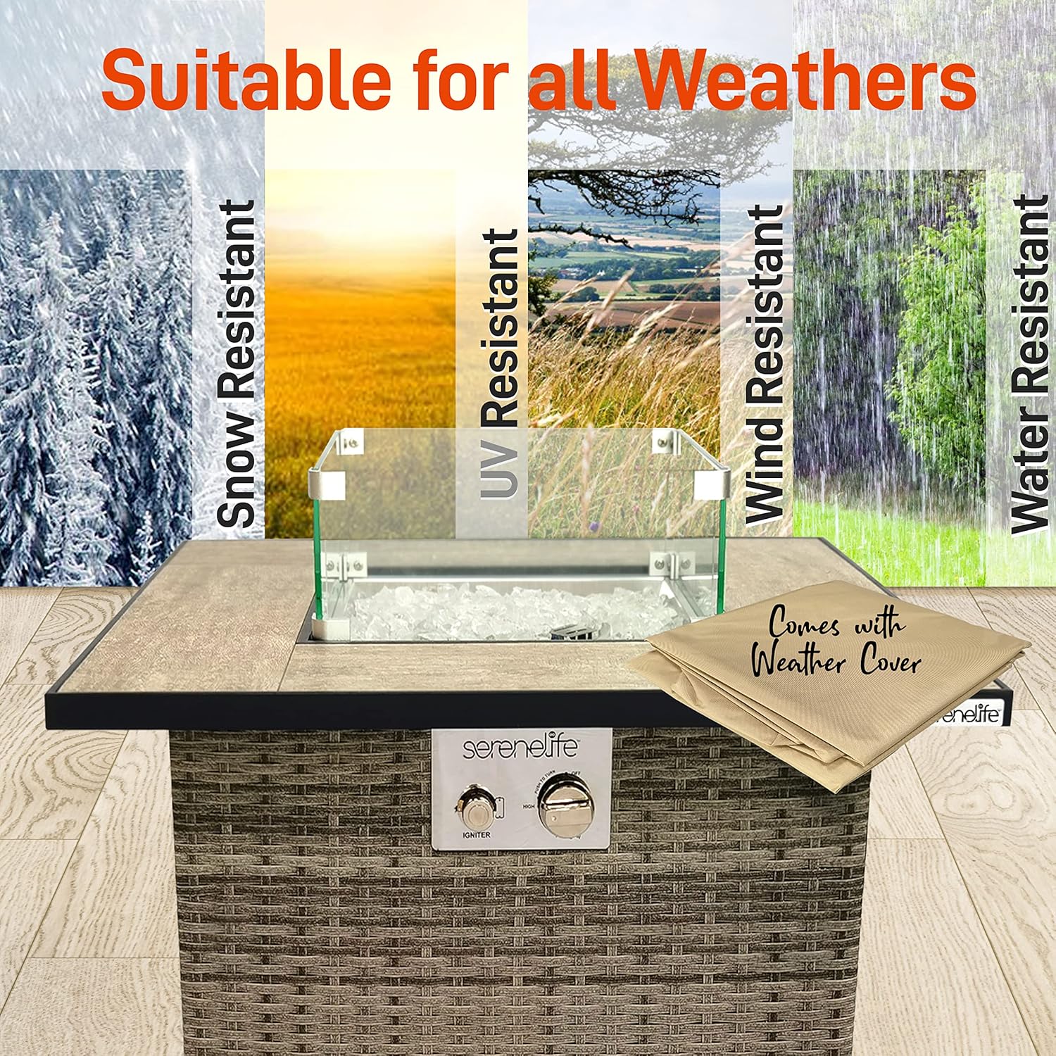 SereneLife Propane Fire Pit Table, 50000 BTU CSA/ETL Certified Safe Gas Table with Sturdy Wicker Base, Stainless Steel Burner, Glass Wind Guard & Cover, Outdoor Fireplaces for Parties