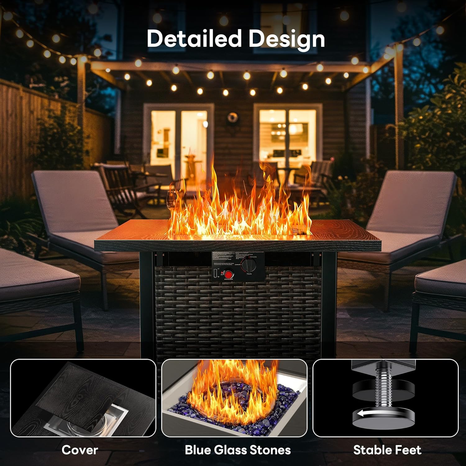 28” Outdoor Propane Fire Pit Table, 50,000 BTU Square Rattan Gas Fire Pit with Lid & Blue Crystal Stones, Steel Tabletop, Adjustable Flame, 4-in-1 FirePit Table for Patio, Backyard, Outdoor Gatherings