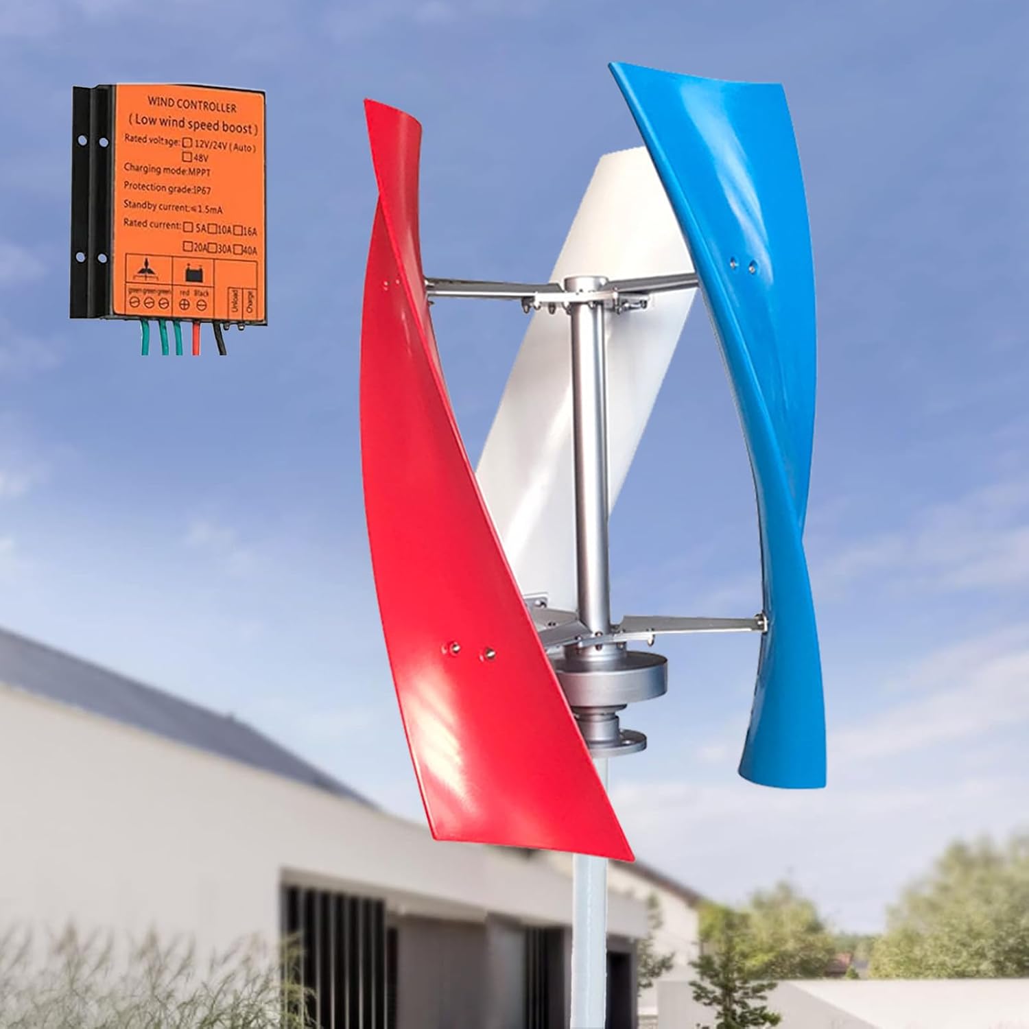 Wind Turbine Generators Kit, 12/24V 6000W 3 Blade Vertical Wind Turbine Generator with Controller, for Boats, Gazebos, Houses, Businesses, Industry,Multi-24V