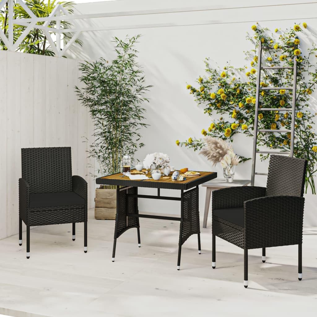 3 Piece Patio Dining Set Poly Rattan Black,Elegant Outdoor Dining Set with Comfortable Rattan Chairs and Durable Acacia Wood Table for Patio and Garden Furniture Sets for Patio, Lawn & Garden