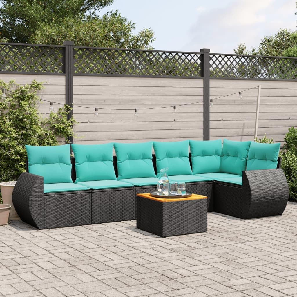 7 Piece Patio Sofa Set with Cushions, Black Poly Rattan Outdoor Furniture, Acacia Wood Tabletop, Modular Design for Backyard Terrace