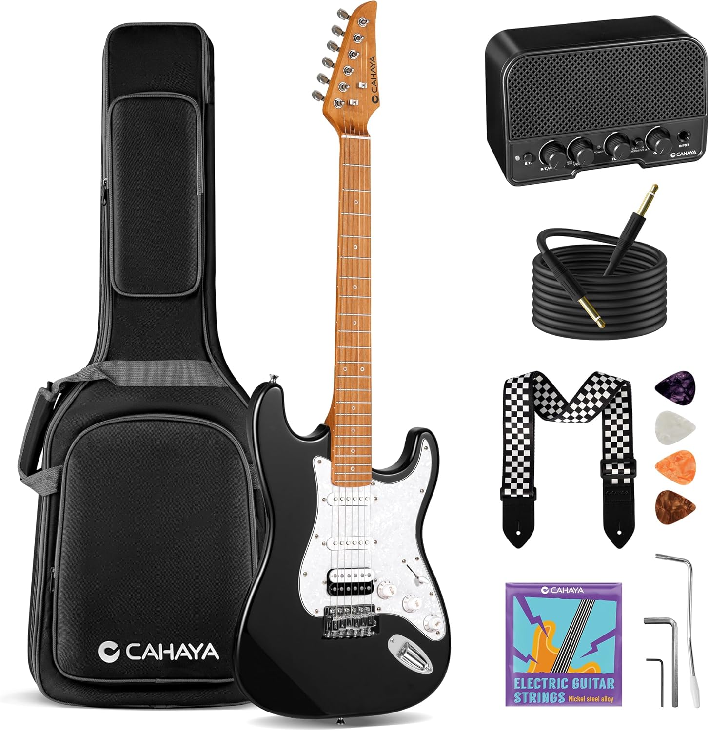 CAHAYA Electric Guitar Kit Beginner - 39in Guitar Set Adults with Roasted Maple Neck HSS Pickup Solid Okoume Body Electric Guitar with Gig Bag Amplifier Strap Strings Cable Picks Black