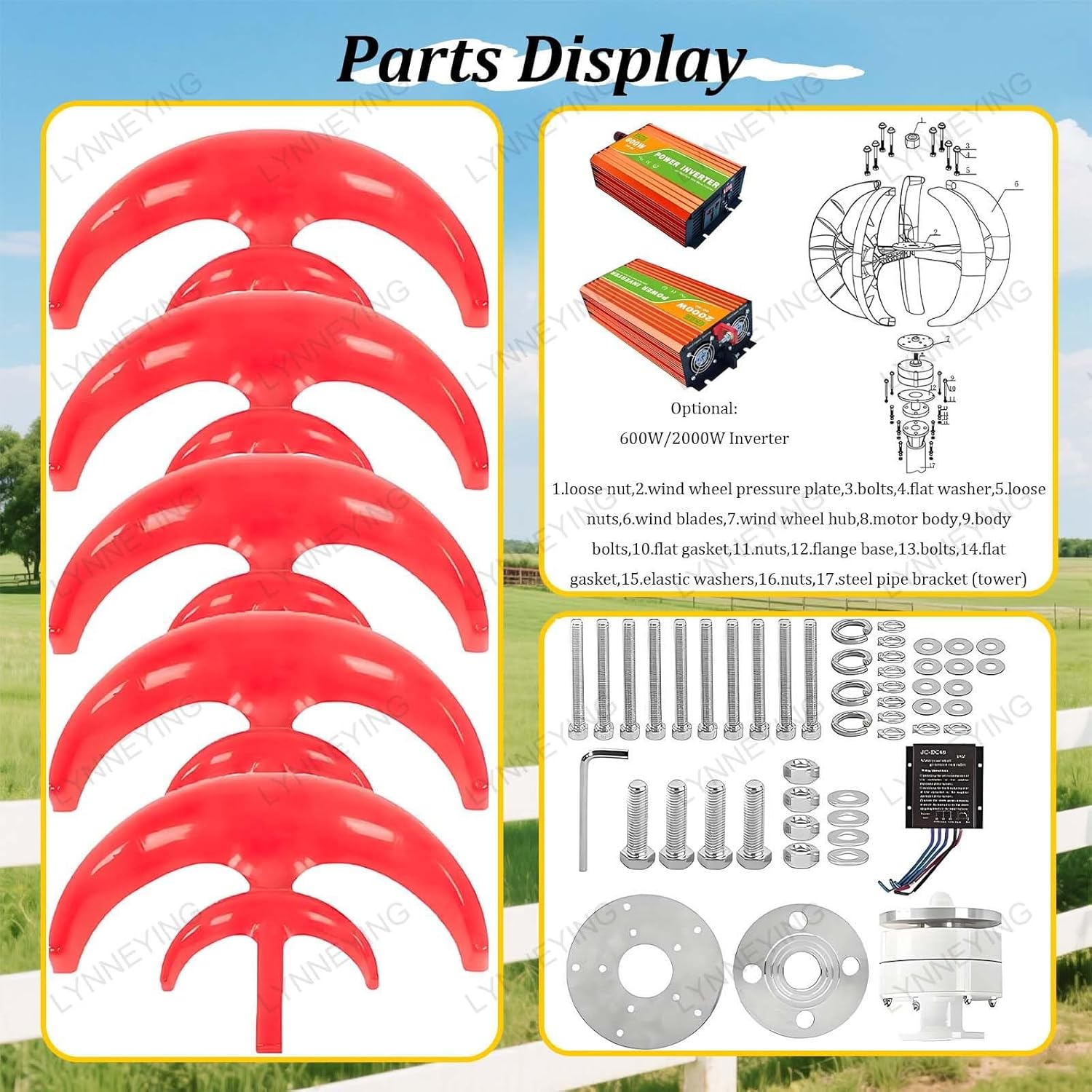 12V/24V Wind Tur-Bine for Off-Grid Home, 5-Blade Generator Kit with 2000W Inverter, Lantern-Type, Low Noise, High Efficiency for Home, Camping, Marine Applications(DC,3000W24V)