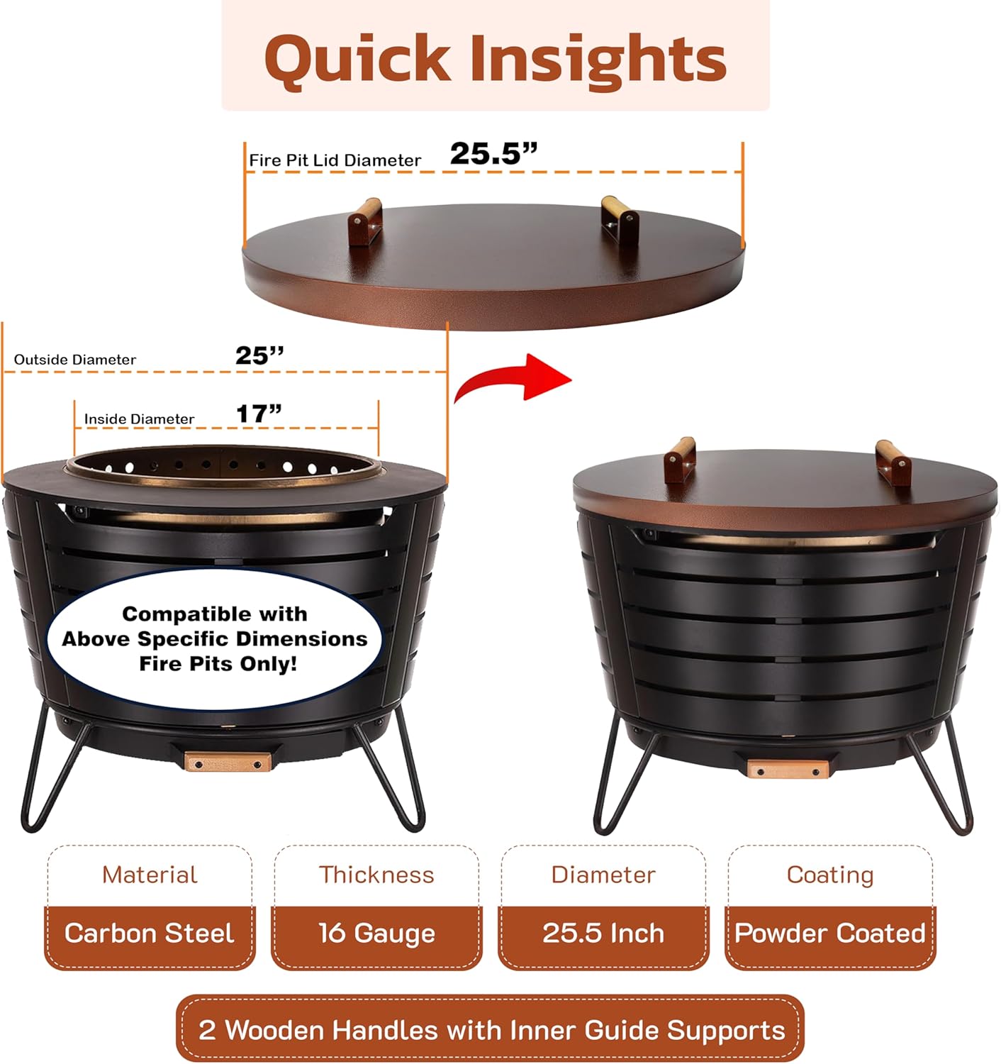 25.5” firepit lid round for inside up to 23” gas fire pit lid for Outdoor Fireplace Cover Lid Steel fire pit metal cover W/ Wooden Handle & Bronze Coated Snuffer Lid for Round Patio Fire Pit Ring