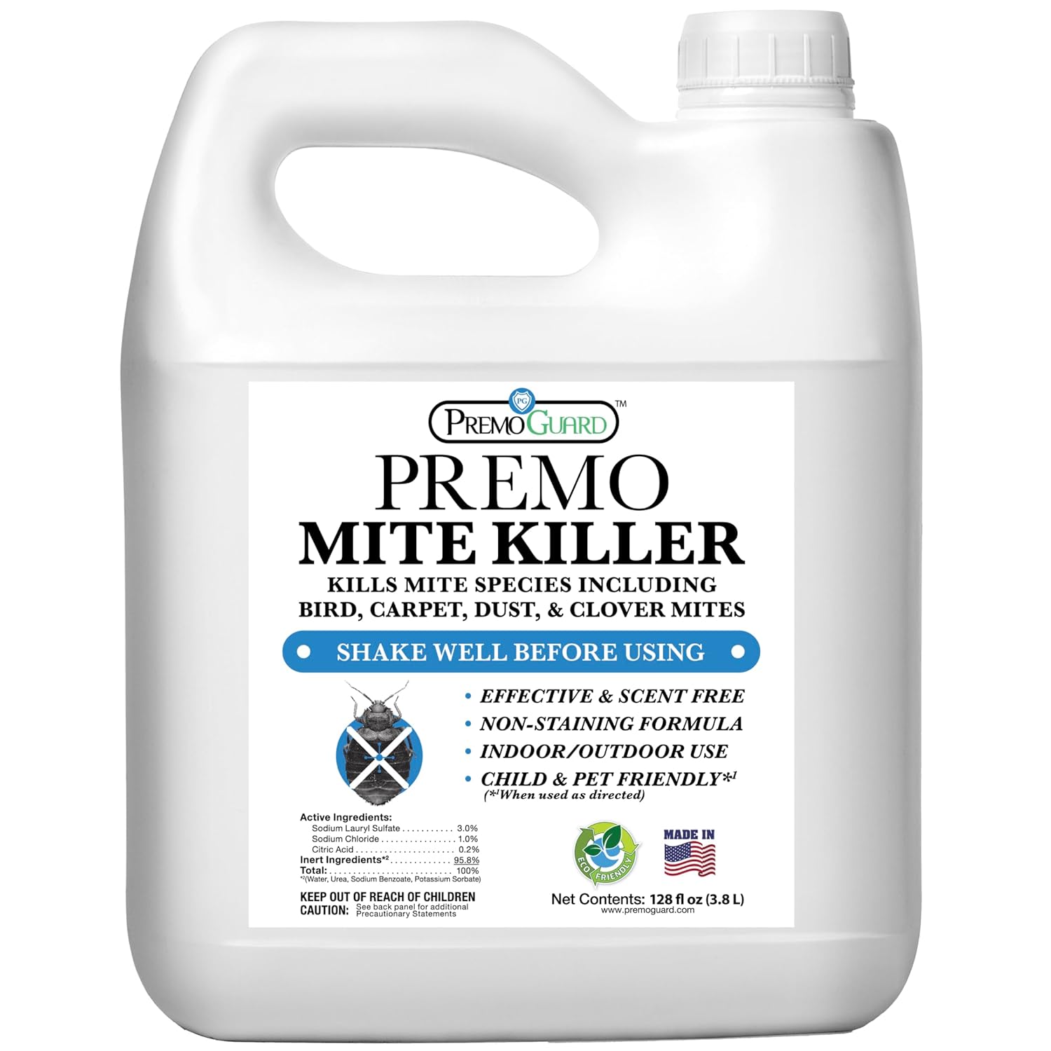 Premo Guard Natural Mite Spray – Large 128 oz Bottle – Plant Based Treatment for Dust, Spider, Carpet, Bird, Rat Mites – Safe for Families, Pet, Home, Bedding & Furniture When Used As Directed