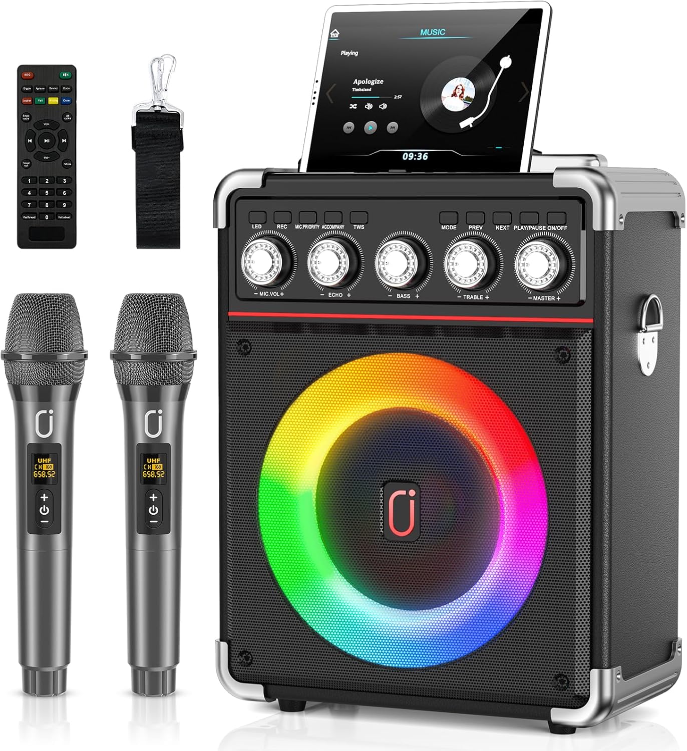 Karaoke Machine with 2 Microphones: HWWR Portable Karaoke Machine for Adults Kids, Eco-Friendly Reusable for Home Party Bluetooth Speaker with Bass/Treble Adjustment, Support REC/USB/AUX