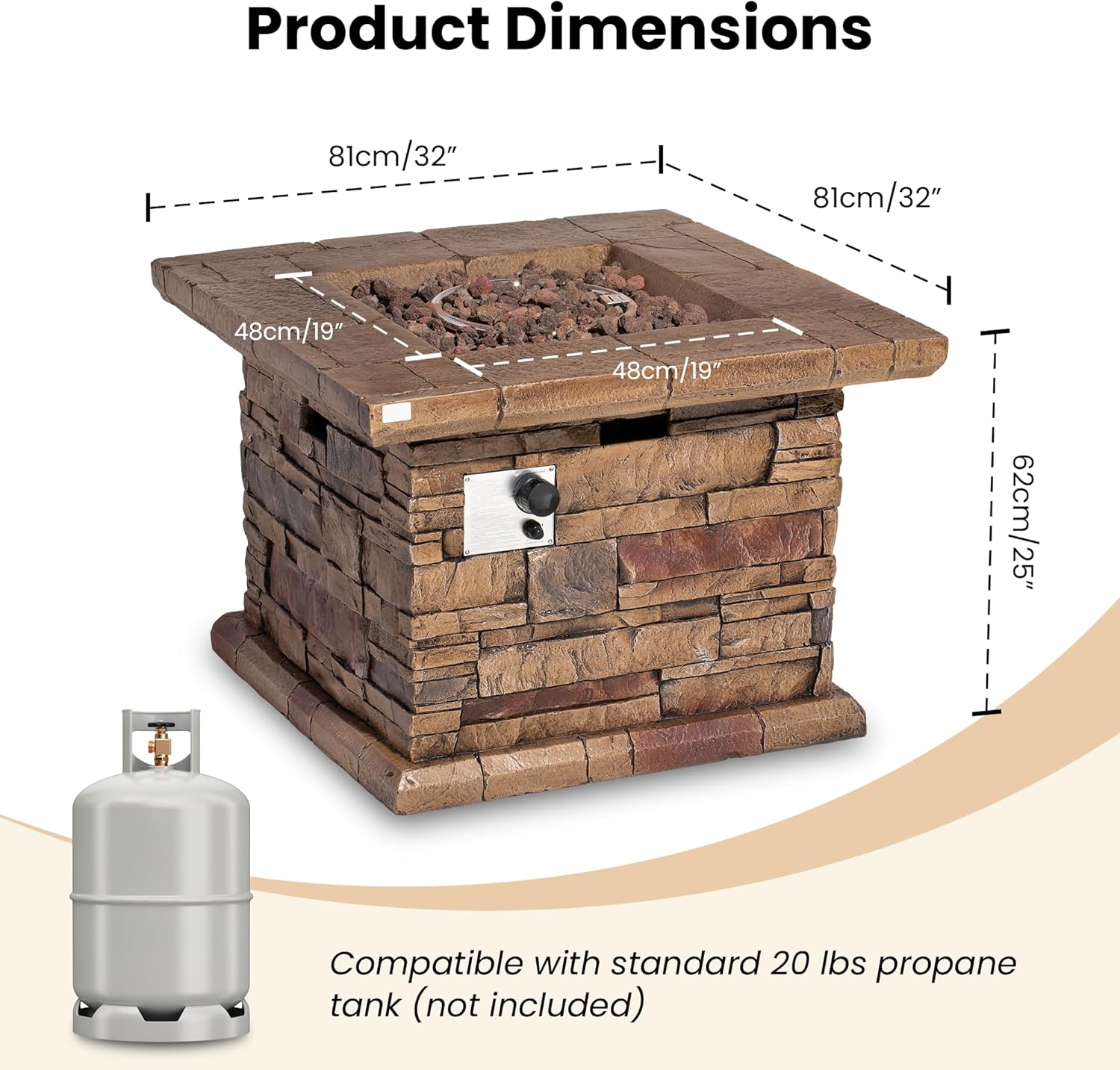 HOMPUS Outdoor Propane Fire Pit Table 32-inch Imitation Stone Square Concrete Propane Fire Pit with Lava Rocks and Rain Cover 50,000 BTU Gas Smokeless Fire Pits for Outside Patio,Garden, CSA Certified