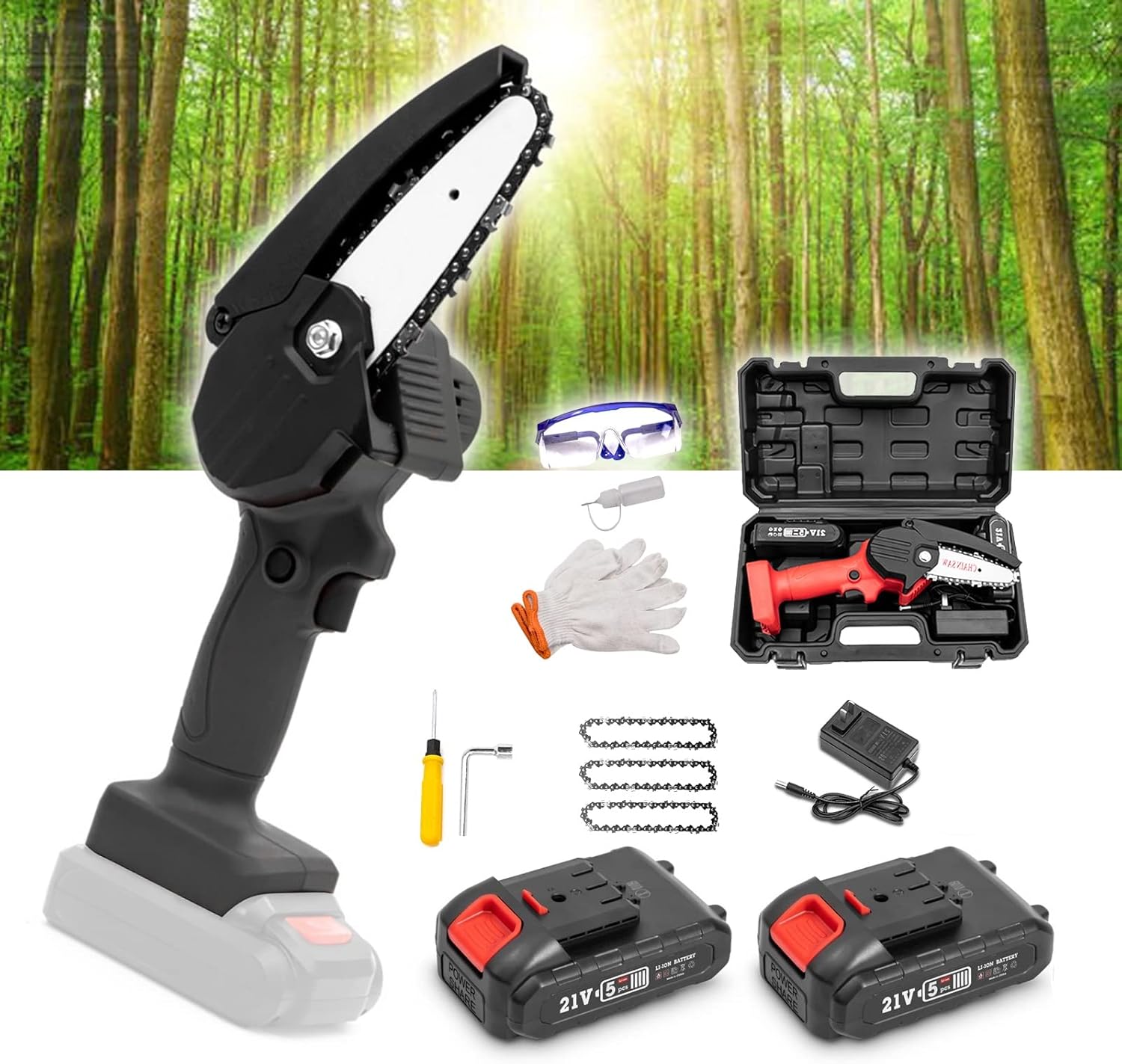Portable Handheld Mini Chainsaw 4-Inch with Security Lock,Power Chain saws with 1500mAh 21V 1.5Ah 2 Batteries Powered Kit and 4Pcs Chains,for Tree Trimming Branch Wood Cutting