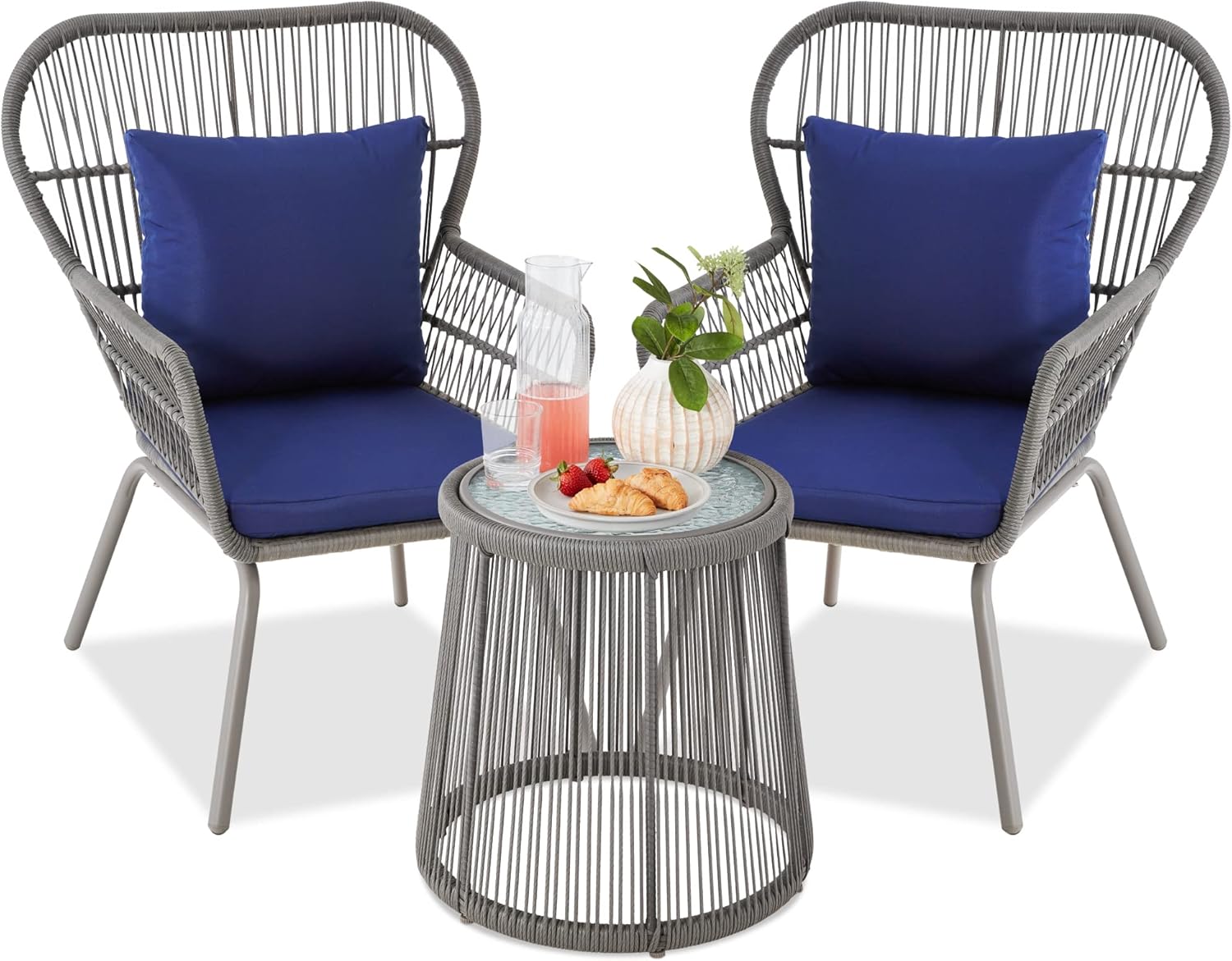 Best Choice Products 3-Piece Patio Conversation Bistro Set, Outdoor All-Weather Wicker Furniture for Porch, Backyard w/ 2 Wide Ergonomic Chairs, Cushions, Glass Top Side Table - Gray/Navy
