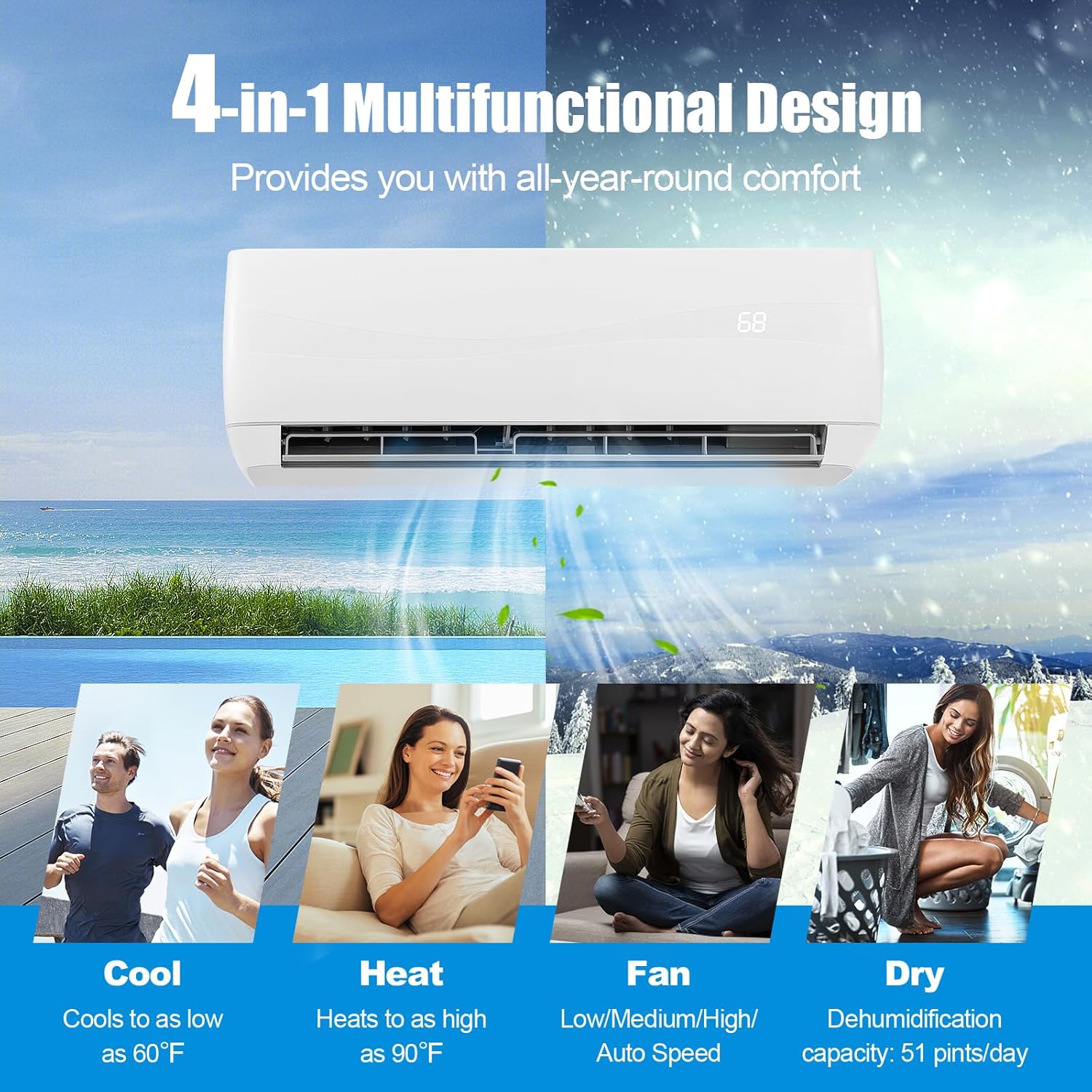 DORTALA 9000 BTU Mini Split Air Conditioner & Heater, 19 SEER2 115V Pre-Charged Inverter Heat Pump System, Wall Mounted Ductless AC Unit with Control & Installation Kit
