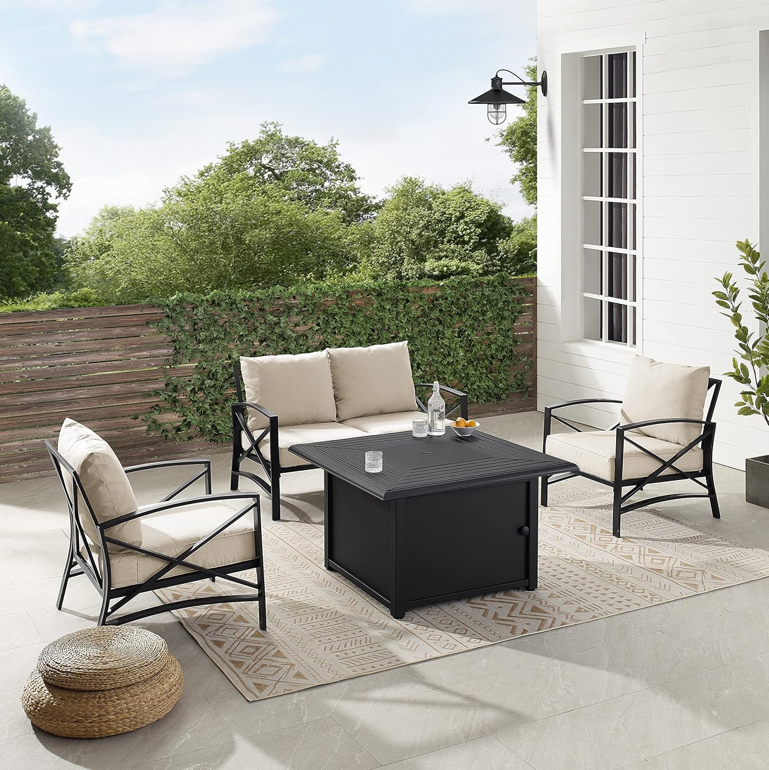 Crosley Furniture Kaplan 4-Piece Outdoor Loveseat Patio Furniture Set with Propane Gas Fire Pit Table, Oiled Bronze with Oatmeal Cushions