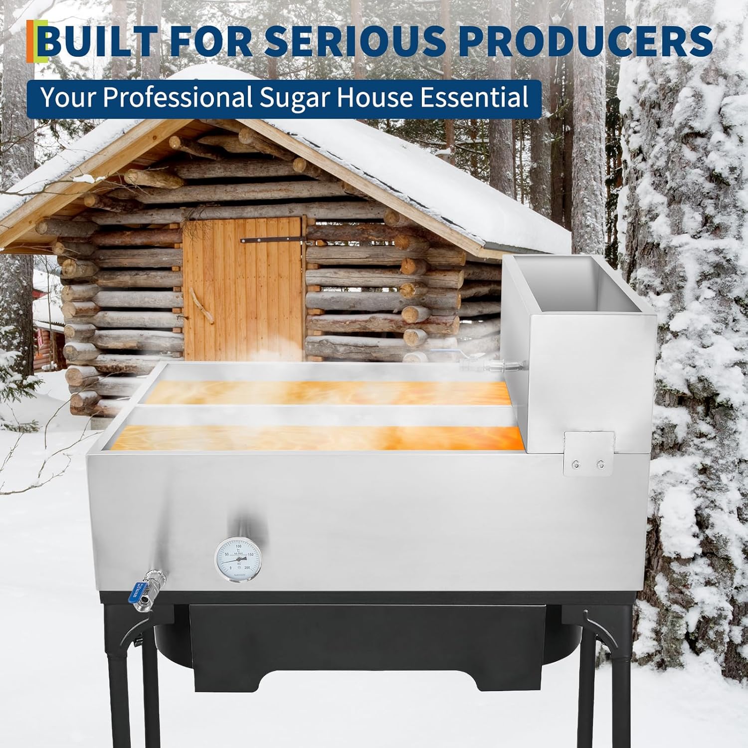 High Capacity Maple Syrup Evaporator Pan - Stainless Steel, 42.7 Gal, Pre-Heating Tank, Thermometer & Drain Valves, Upgraded Seamless Weld, Multi-Heat Compatible, Mini Evaporative Cooler, Size