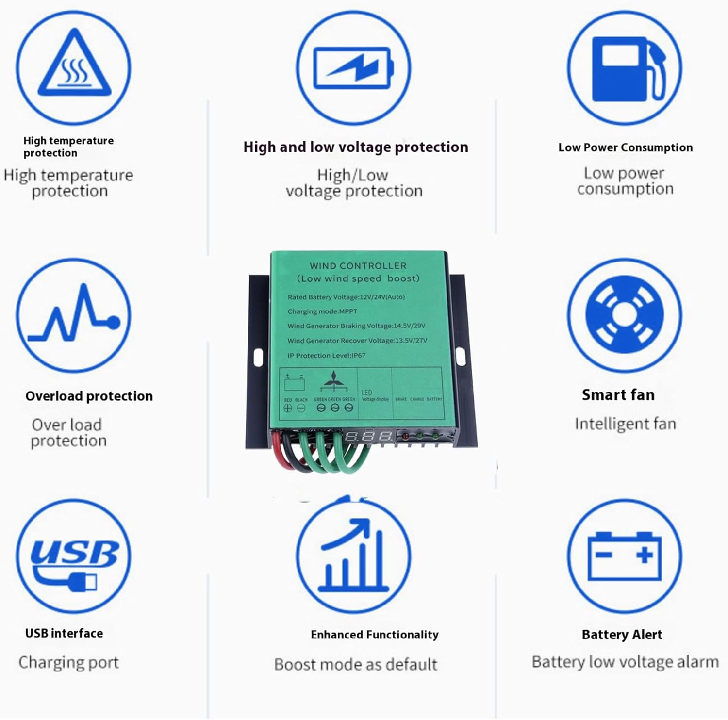 1000W-5000W MPPT Wind Charge Controller 12V/24V AUTO 48V Dual Power Supply with LED Voltage Display with IP67 Waterproof Smart Regulator