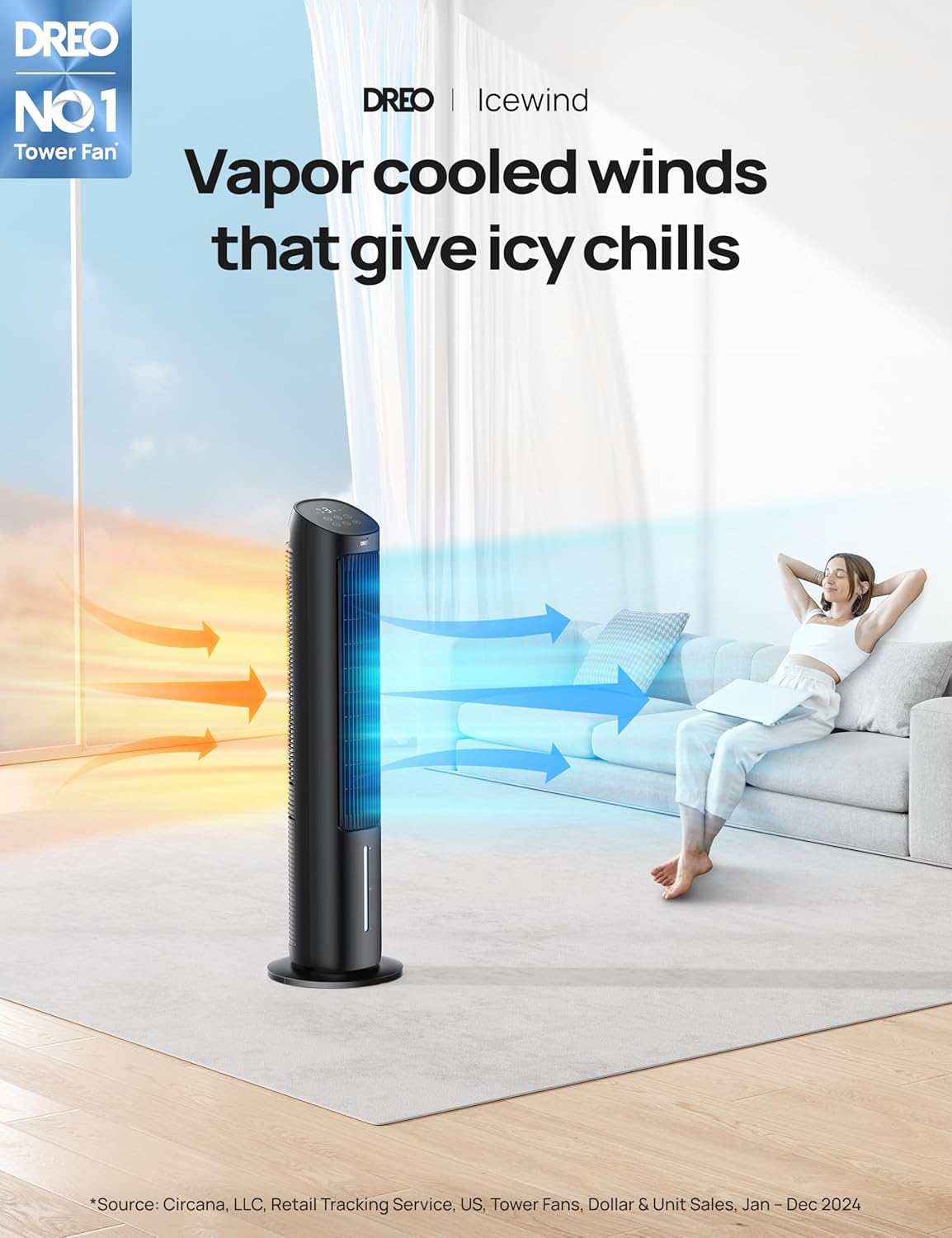 Dreo Portable Air Conditioners Fan, 40” Standing Fans that Blow Cold Air, Portable AC，80° Oscillating Evaporative Air Cooler，Removable Water Tank, Ice Packs, Remote Control, 4 Speeds, 7H Timer, Black