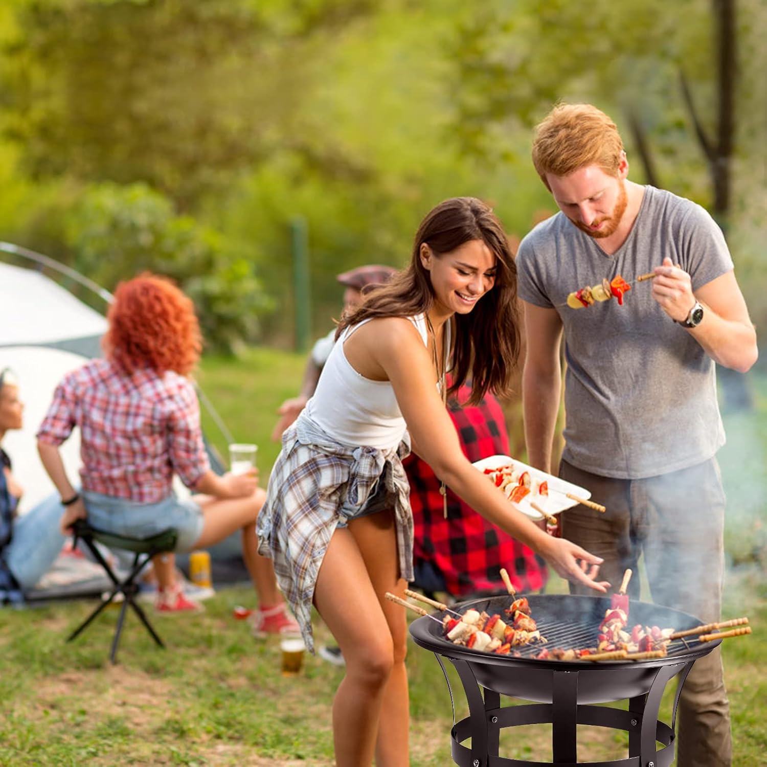 Generic 22InFire Pit Bowl Wood Burning with Protective Grille & Poker Multifunctional for Heating/BBQ Garden Patio Fire Pot,Portable BBQ Grill for Camping Beach Bonfire Picnic Garden, black