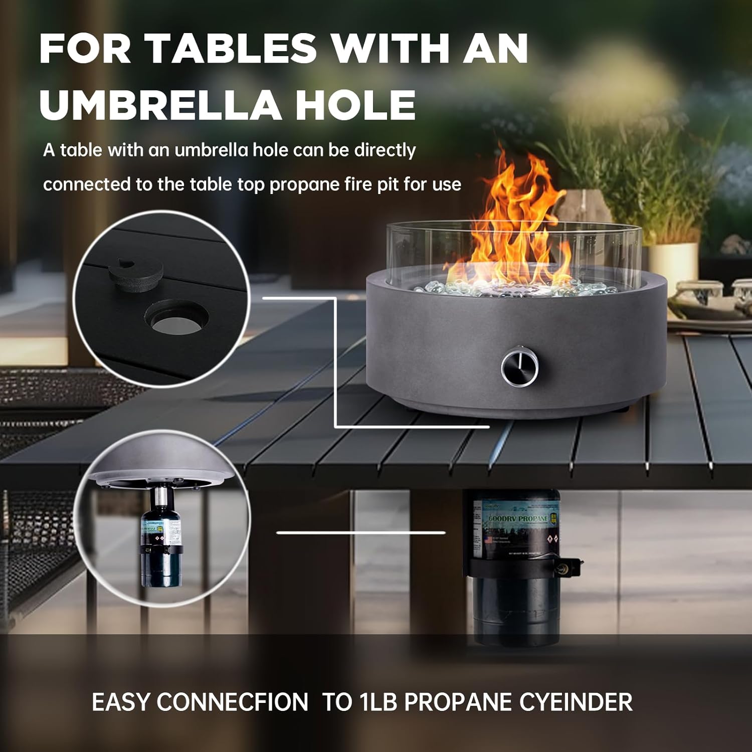 Propane Table Top Fire Pit for Outside Patio,14-inch Tabletop Fireplace Bottom-Mounted for Table with Umbrella Hole- Grey