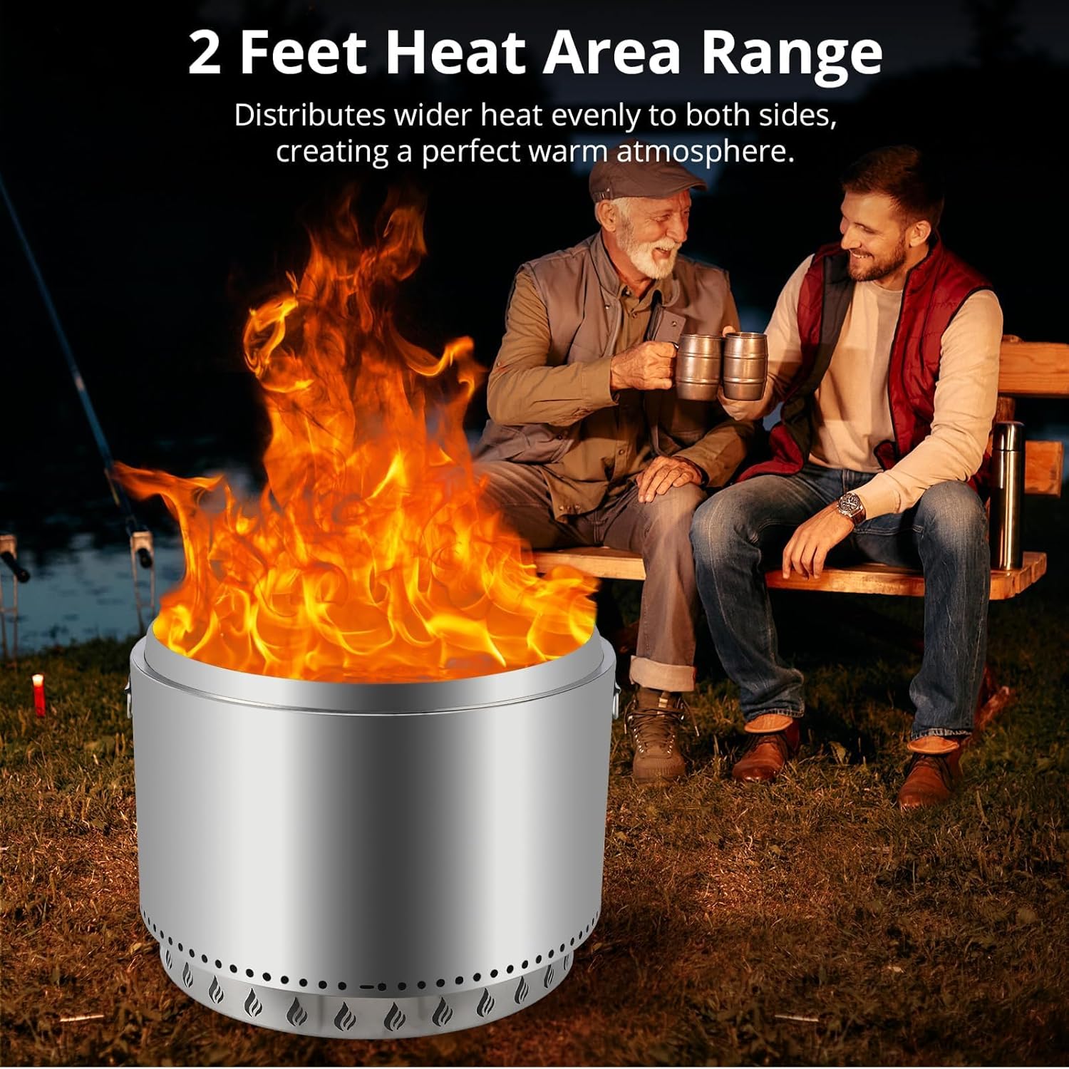 27 Inch Smokeless Fire Pit with Air Switch, Wood Burning Portable Stainless Steel Outdoor Firepit with Fixed Stand & Stove Hook, Ash Pan, for Outside Camping Backyard Patio Picnic, 360° Wide Warm
