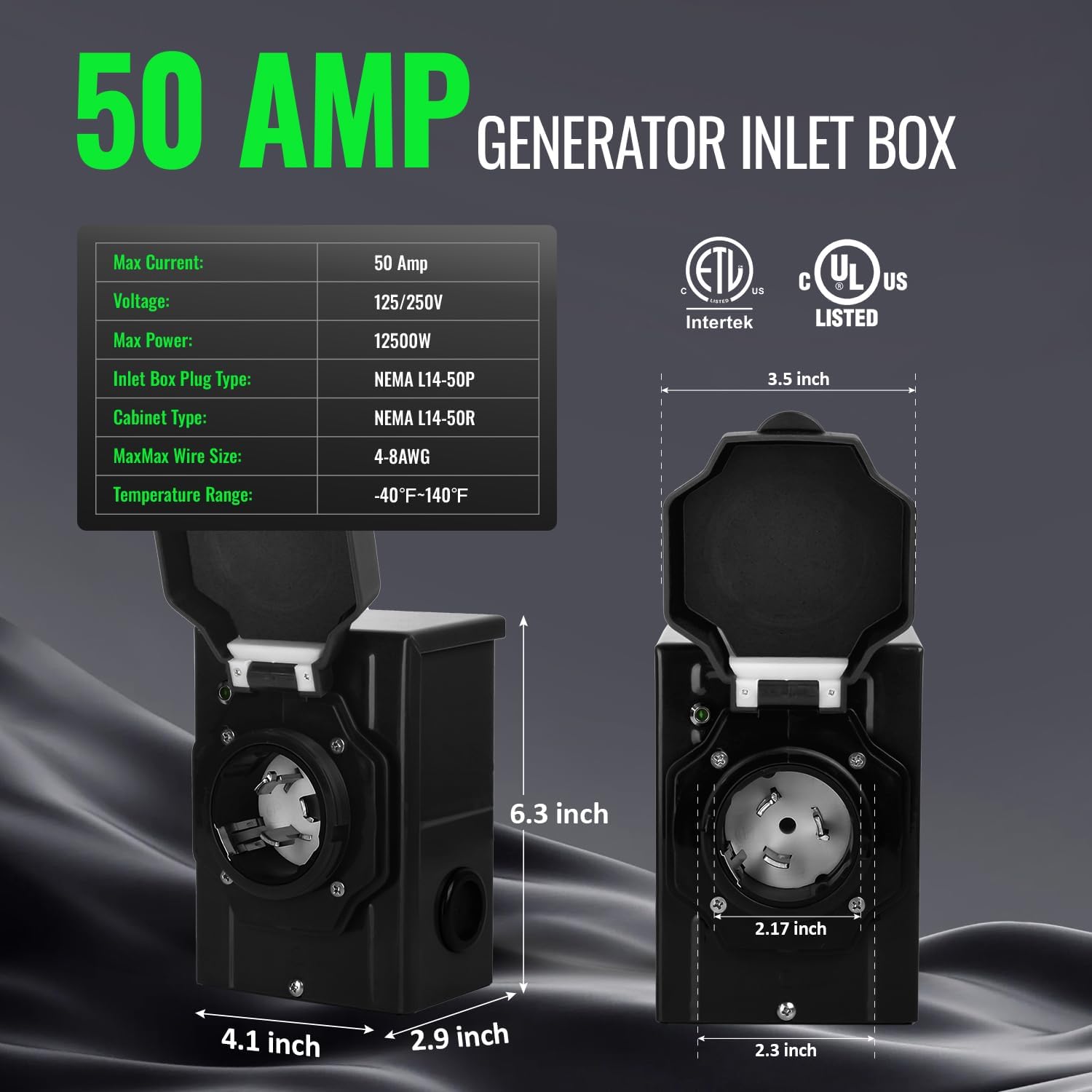 50 Amp 15FT RV Extension Cord Set with Power Inlet Box, Heavy Duty NEMA 14-50P to SS2-50R Generator Cord, 125/250V 12500W Twist Lock Cable for RV, Trailer, Camper, Home Backup