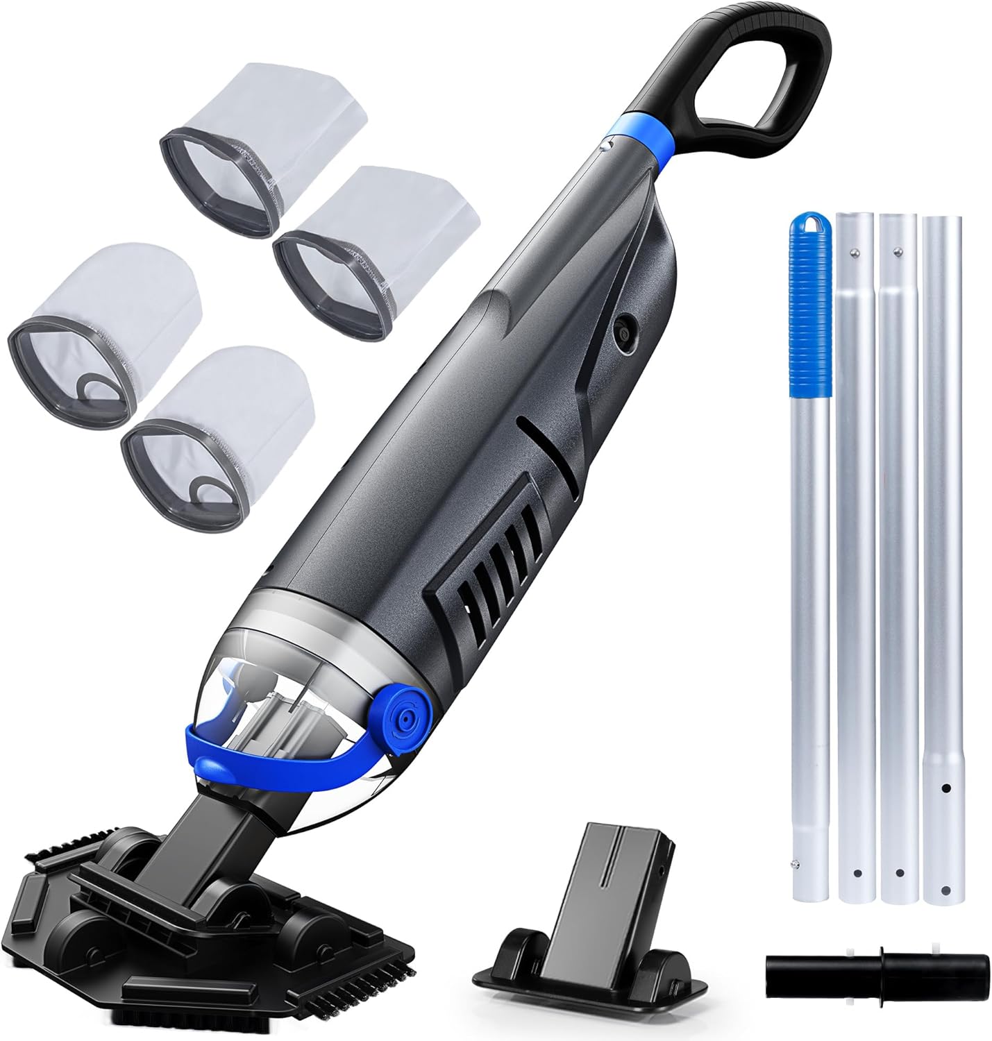 Pool Vacuum for Above Ground Inground Pool with 72'' Extension Pole, 1-Hour WorkTime, 2 Cleaning Heads, 18.5 GPM Powerful Suction, Handheld Rechargeable Cordless Pool Cleaner with 4 Collection Filters