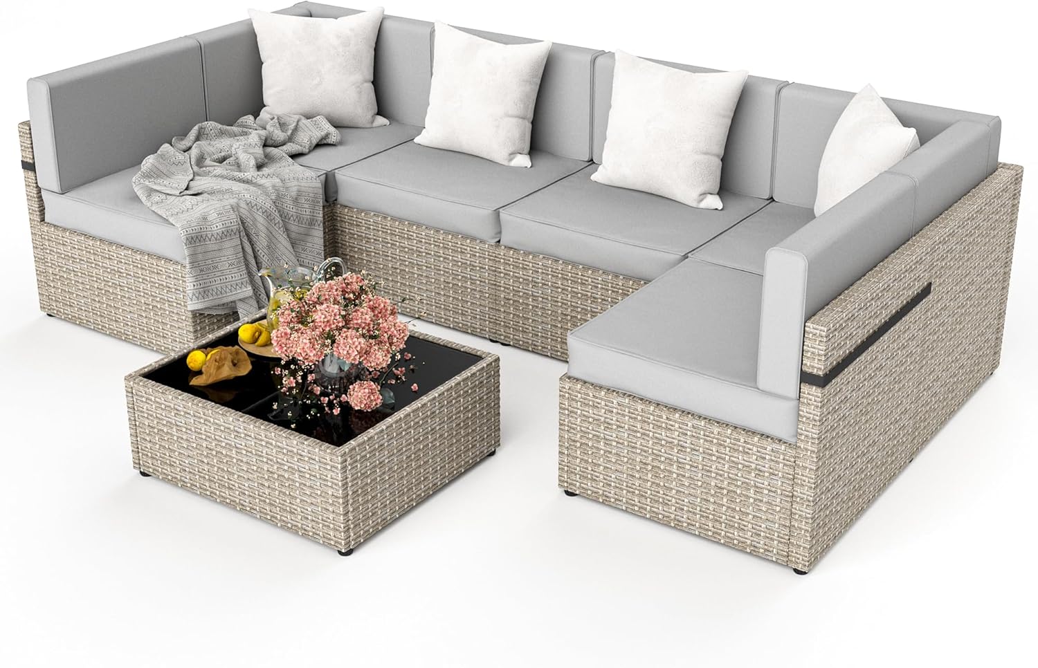 Pamapic Patio Furniture Set, 7 Pieces Modular Outdoor Sectional,Wicker Patio Sectional Sofa Conversation Set, Rattan Sofa with Coffee Table and Washable Cushions Covers, Grey Rattan(Grey Cushions)