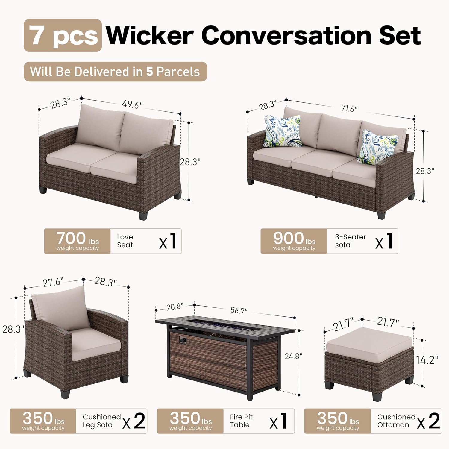 Patio Furniture Set Outdoor Furniture Brown Wicker Rattan Patio Conversation Sets with Cushion Outside Sofa Set,6 Pieces with Rectangular Firepit Table,9 Seats,Beige