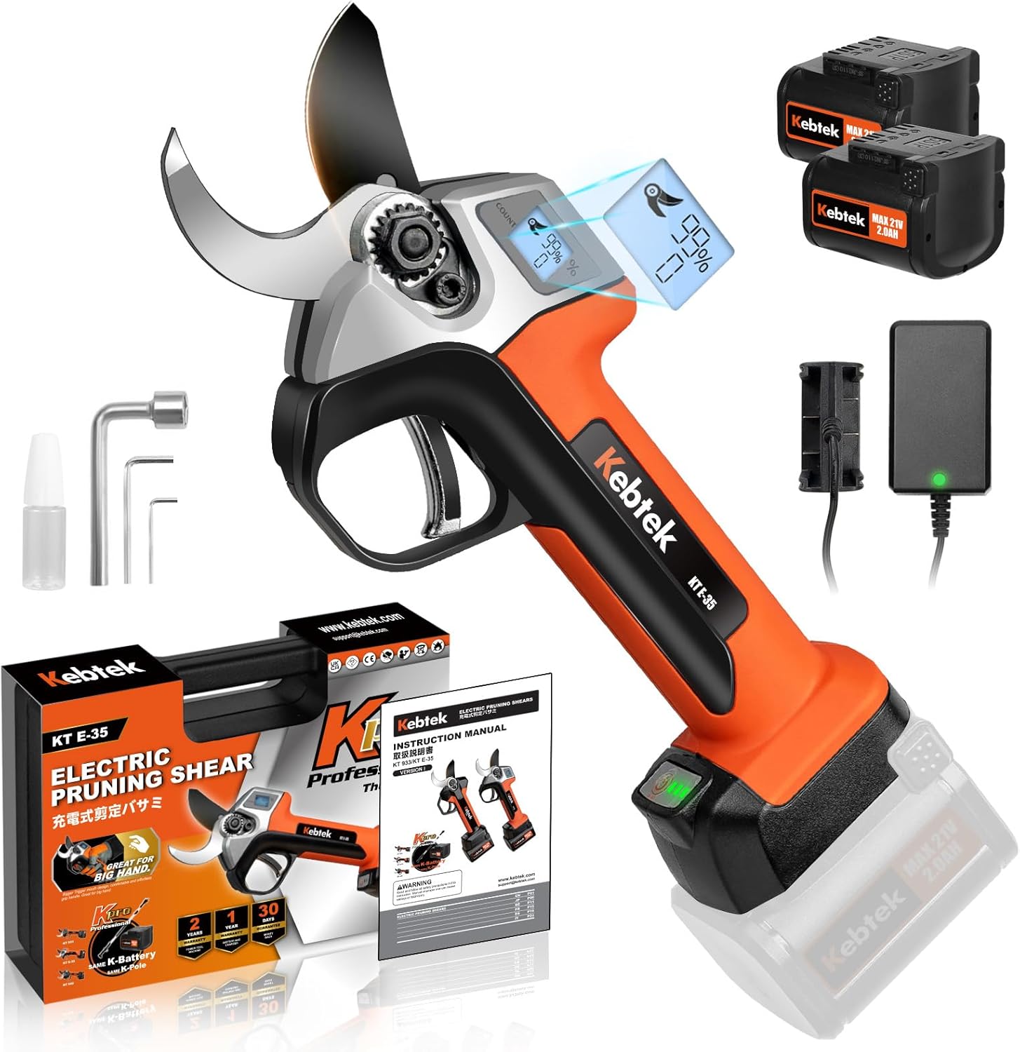 Cordless Electric Pruning Shears 35MM, Kebtek Professional Battery Pruners for Tree Trimming 18V Brushless Motor 2Pack 2AH Rechargeable Battery-LCD Display Screen (KTE-35)