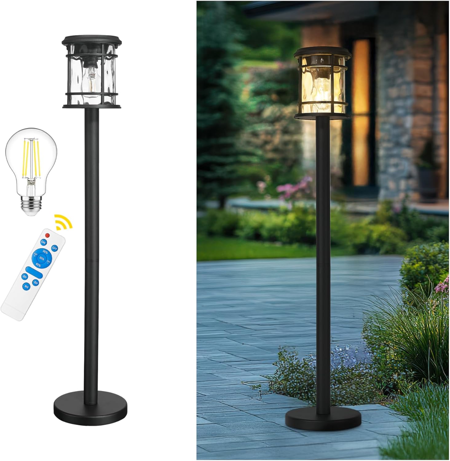 Emliviar Solar LED Outdoor Floor Lamp Waterproof IP43, Auto On/Off Portable Deck Pole Light Fixture, Exterior Black Post Lantern with Water Ripple Glass, XE229PL-S-ML SL BK