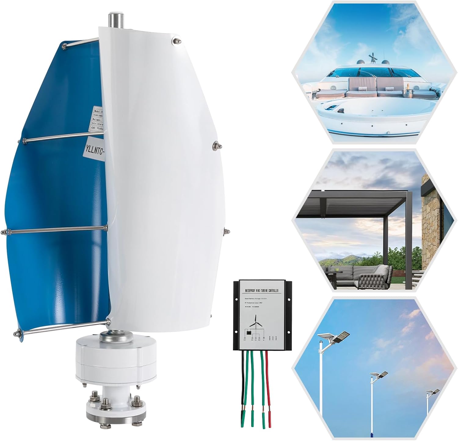 Vertical Axis Wind Turbine 500W 12V Permanent Magnet Generator 2-Blades For Home, Corporate And Industrial W/Controller, Blue&White