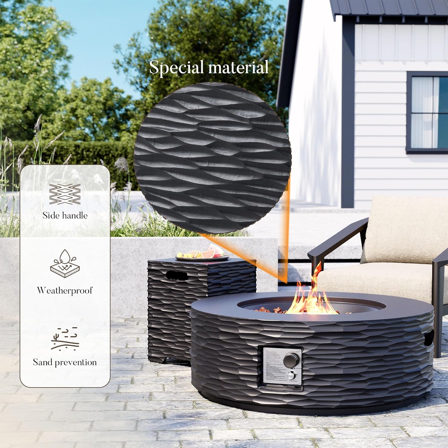 Cosiest Propane Fire Pit with Tank Cover for Outside, 35 in Round Gas Fire Pits for Outdoor Patio, Certified, 50000 BTU Concrete Rectangle Base with Rain Cover, Free Lava Rocks