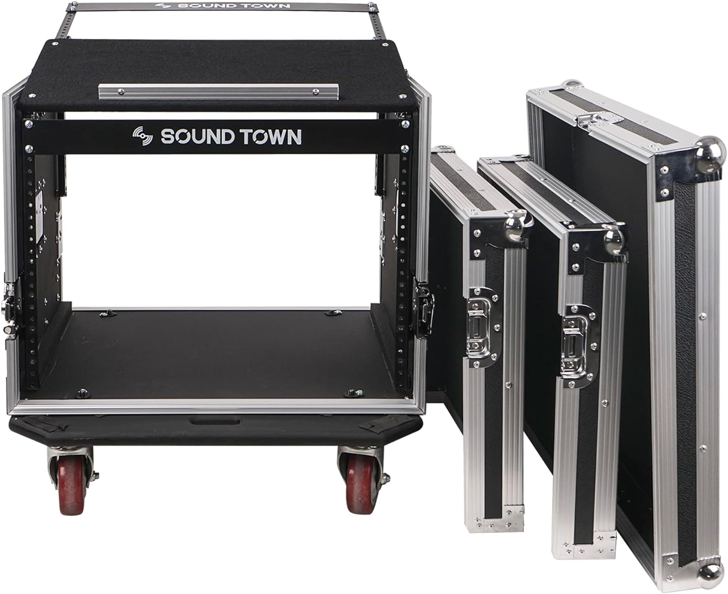 Sound Town Enhanced Thickness 1/2” (12mm) Plywood 8U Audio Rack/Road ATA Case with 11U Slant Mixer Top, 20’’ Rackable Depth, Casters, 8 Space Size, Pro Tour Grade (STMR-8UW)