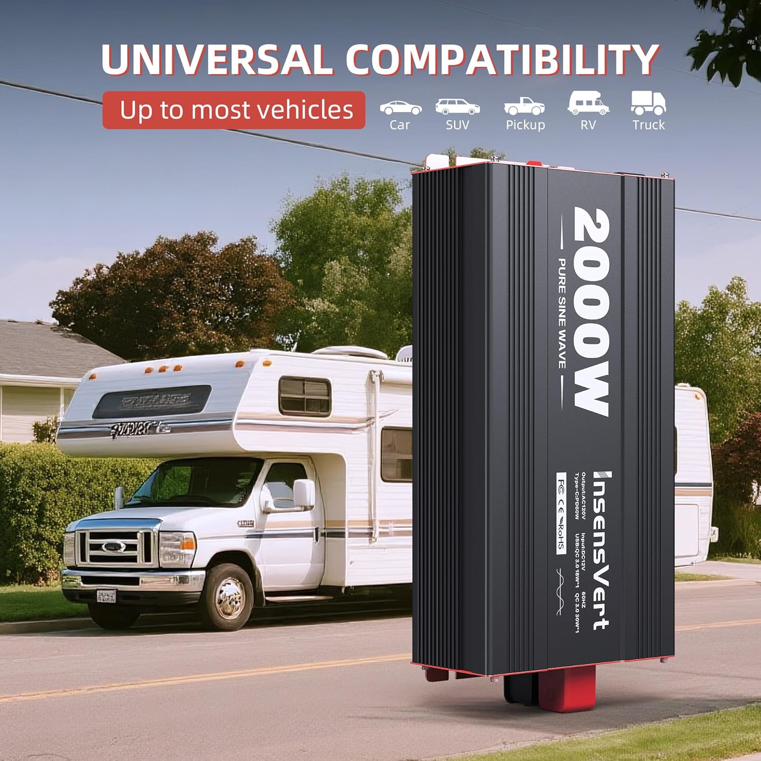 2000W Pure Sine Wave Inverter, Car Power Inverter 12V to 120V AC Converter for RV, Truck, Solar, Outdoor with Dual AC and 20A Socket, 18W+30W USB, PD60W, Surge 4000W, Remote Control(2000W-12V)