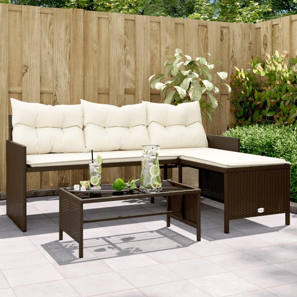 Patio Sofa with Table and Cushions L-Shaped Brown Poly Rattan,Elegant and Durable Outdoor Sofa Set with Glass Tabletop, for Gardens and Patios Patio Furniture & Accessories, Outdoor Seating