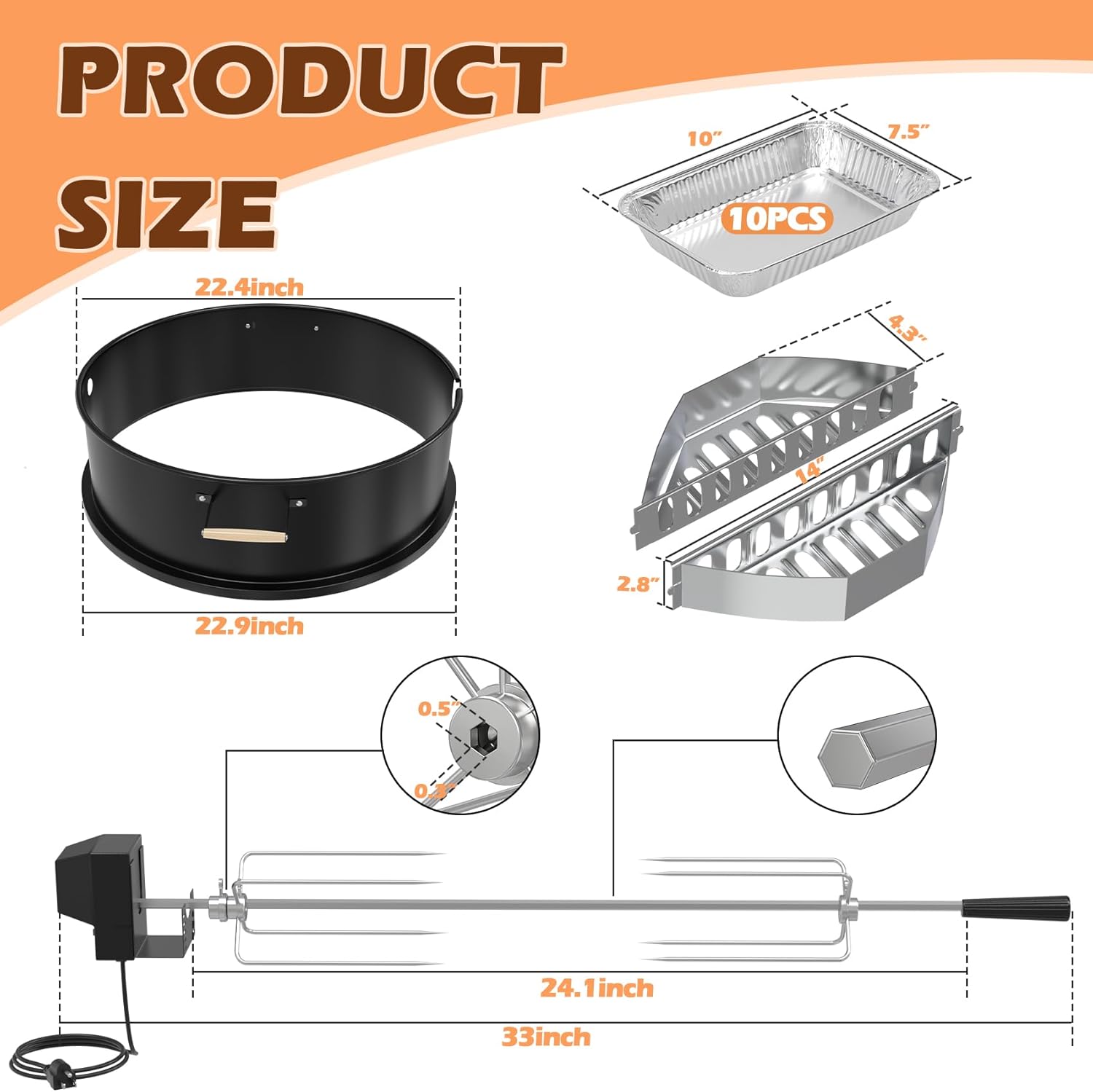 Upgraded Rotisserie Kit for Weber 22 inch Kettle Charcoal Grills Accessories, Rotisserie Grill Kit for Weber & Other Similar Size Grills, with Handles, Charcoal Baskets,10 Pcs Drip Pans, Black