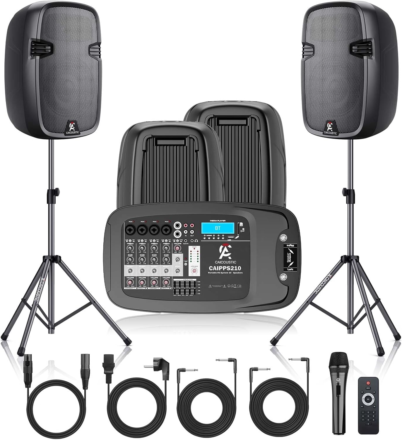 8-Channel Portable PA System with Bluetooth, Microphone, 2 Speaker Stands, USB, Reverb/Delay Effects - Perfect for Outdoor Events, Parties, Weddings, Church Services (2 x 10 Woofers)