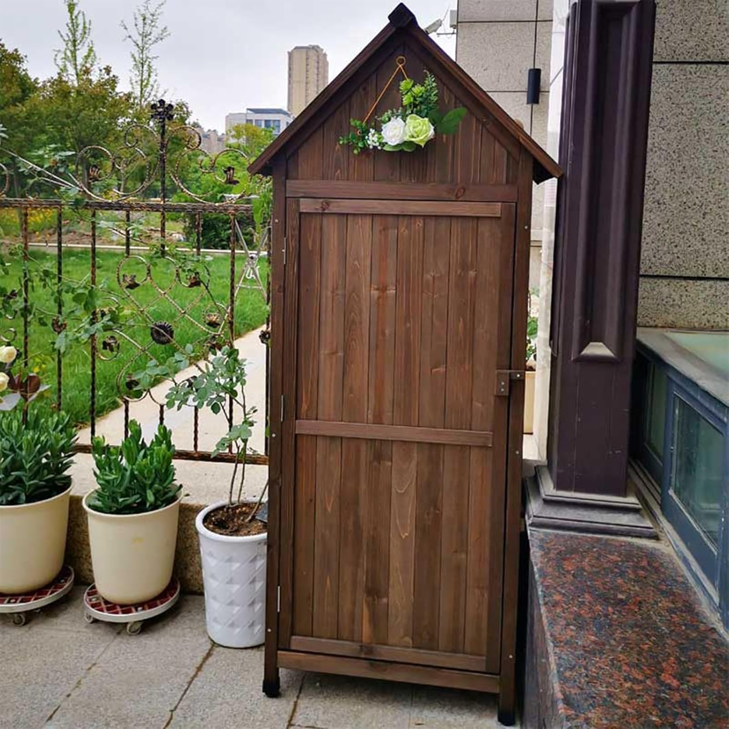 Outdoor Lawn Garden Storage Shed, Wooden Garden Shed with Waterproof Roof, Patio Storage Cabinet Outdoor Organizer Wooden Lockers (Brown 30.3 * 21.4 * 70.4in)