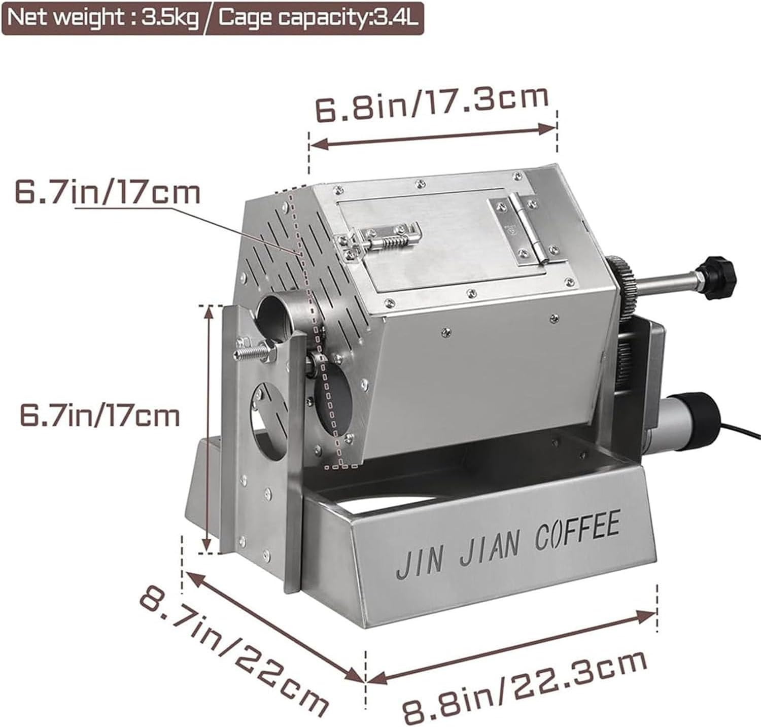 3.4l Stainless Steel Coffee Bean Roaster,Drum Gas Coffee Bean Baker Roasting Machine with Thermometera,5-55rpm/Min Speed and 1.7〜2.2lb/Bake Capacity,360° Constant Temperature
