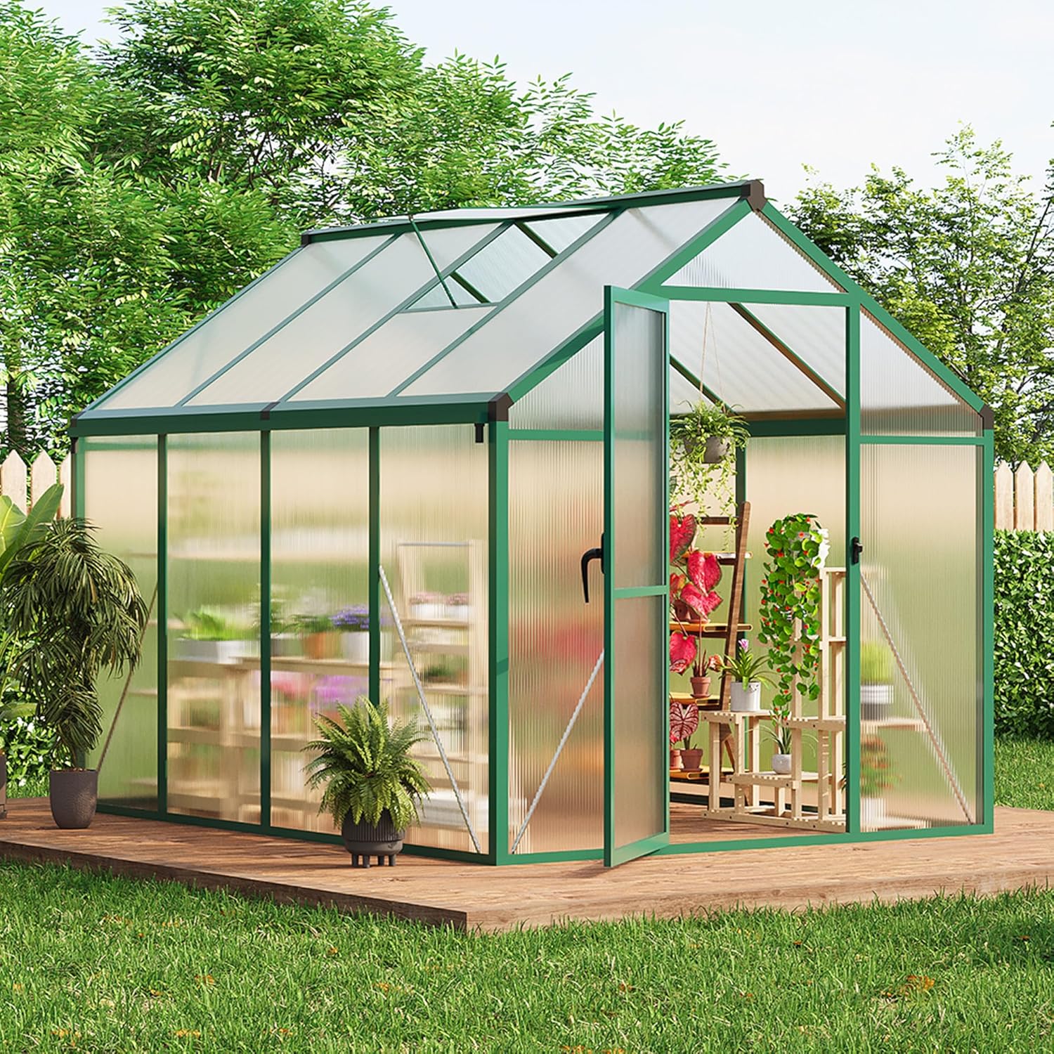 Greenhouse, 6x8 Ft Outdoor Greenhouses, Greenhouse Kit, Portablee Greenhouses with Ground Nails and Vent Windows, Sliding Lockable Door, Polycarbonate Green House for Outside Garden Backyard, Green
