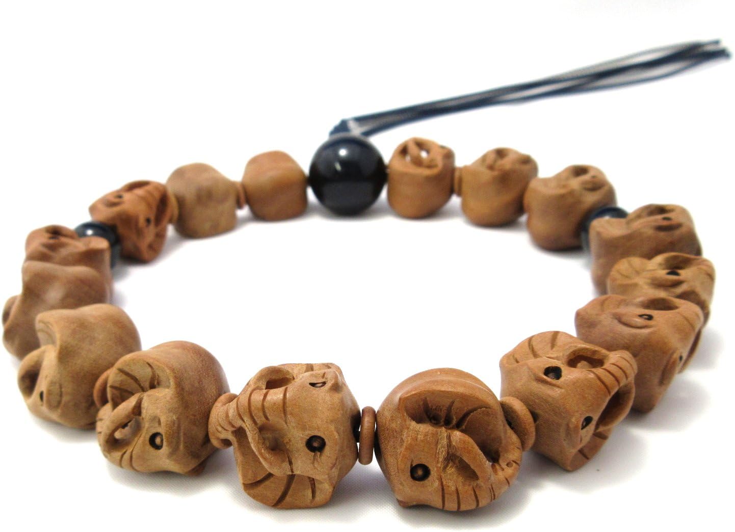京都あさひ屋 Elephant Wood Carving with Blue Tiger Eye Japanese Juzu Buddhist Prayer Beads Handemade in Kyoto JUA34