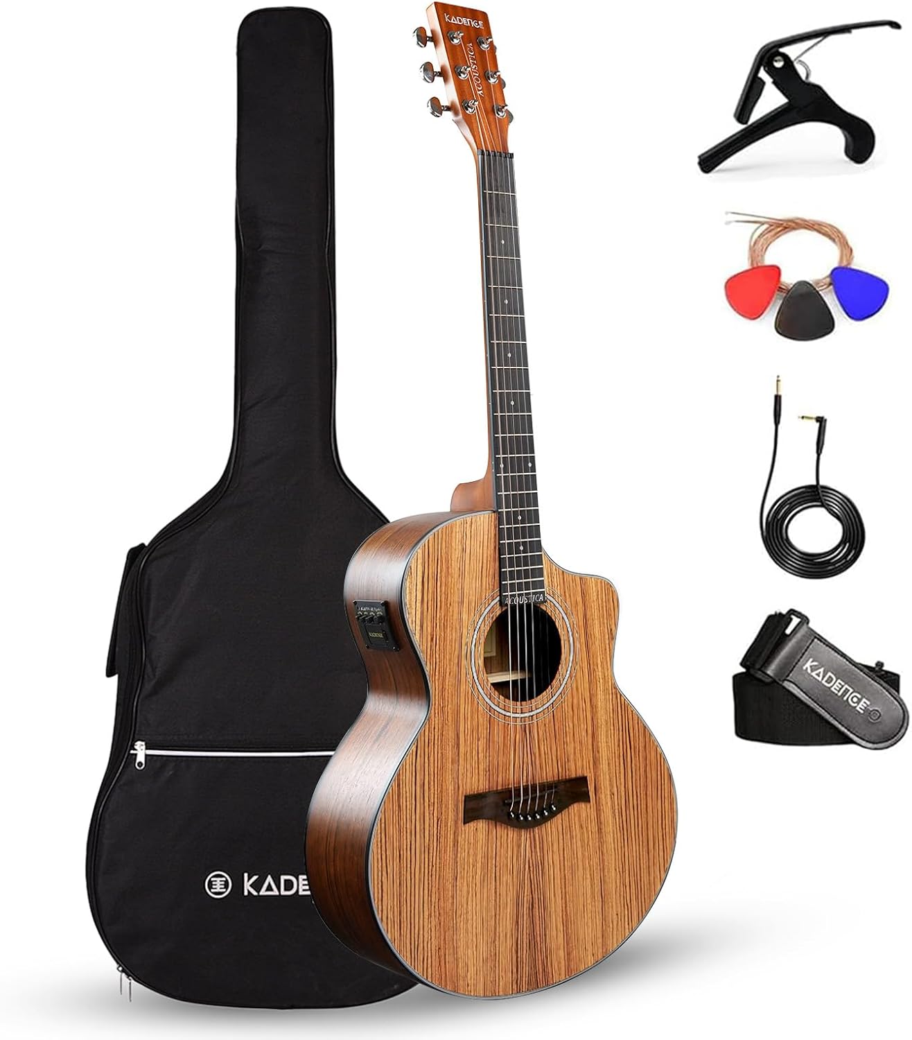 Kadence Electric Acoustic Guitar A05EQN (Zebra Wood) - Semi Acoustic Guitar,Inbuilt Tuner, Capo, Strings, Picks, Strap, Cable and Padded bag - Electro Guitars for Beginners & Professionals