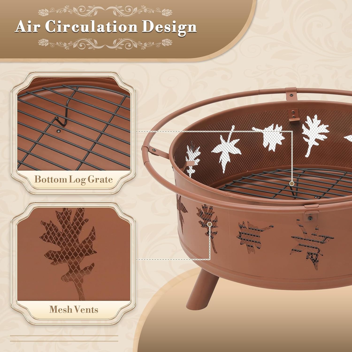 Athena Collection 32 in Fire Pit for Outside Large Wood Burning Firepit Leaf Pattern Iron Firepit Bowl Stove Round Outdoor Fireplace for Camping Heating BBQ Bonfire with Spark Screen Log Grate Poker